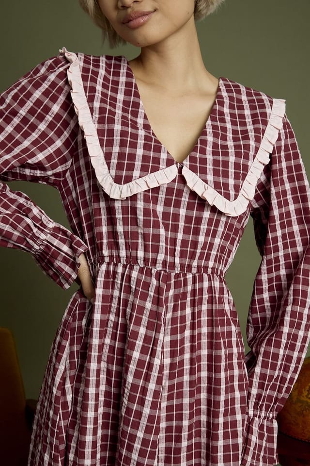 Neon Rose Neon Rose Women's Cotton Check V-Neck Midi Tea Dress in Burgundy - 3