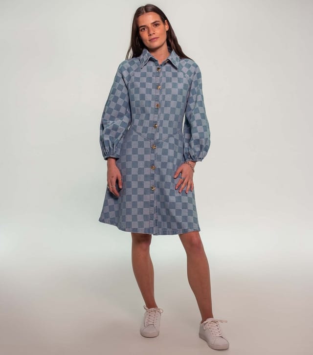 Sunshine Soul Women's Blue Check Textured Button Denim Mini Dress Sunshine Soul New Look - 2