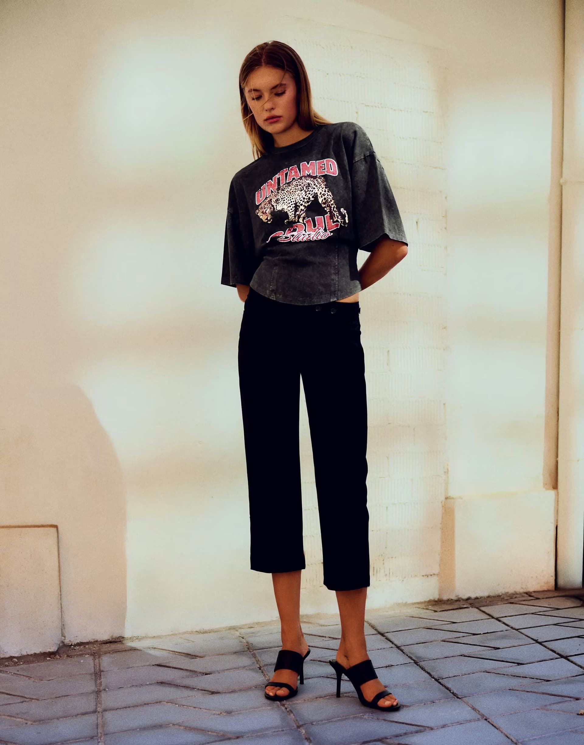 ASOS Bershka Short sleeve corset effect print t-shirt in black