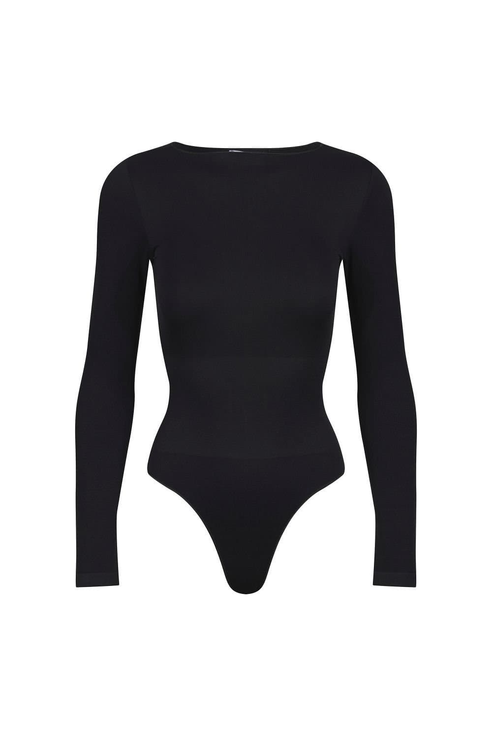 Ruey Ruey Women's Essentials Long Sleeve Bodysuit Sculpting Stretch Fit in Black