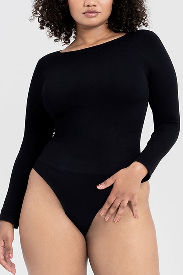 Ruey Ruey Women's Essentials Long Sleeve Bodysuit Sculpting Stretch Fit in Black - 3