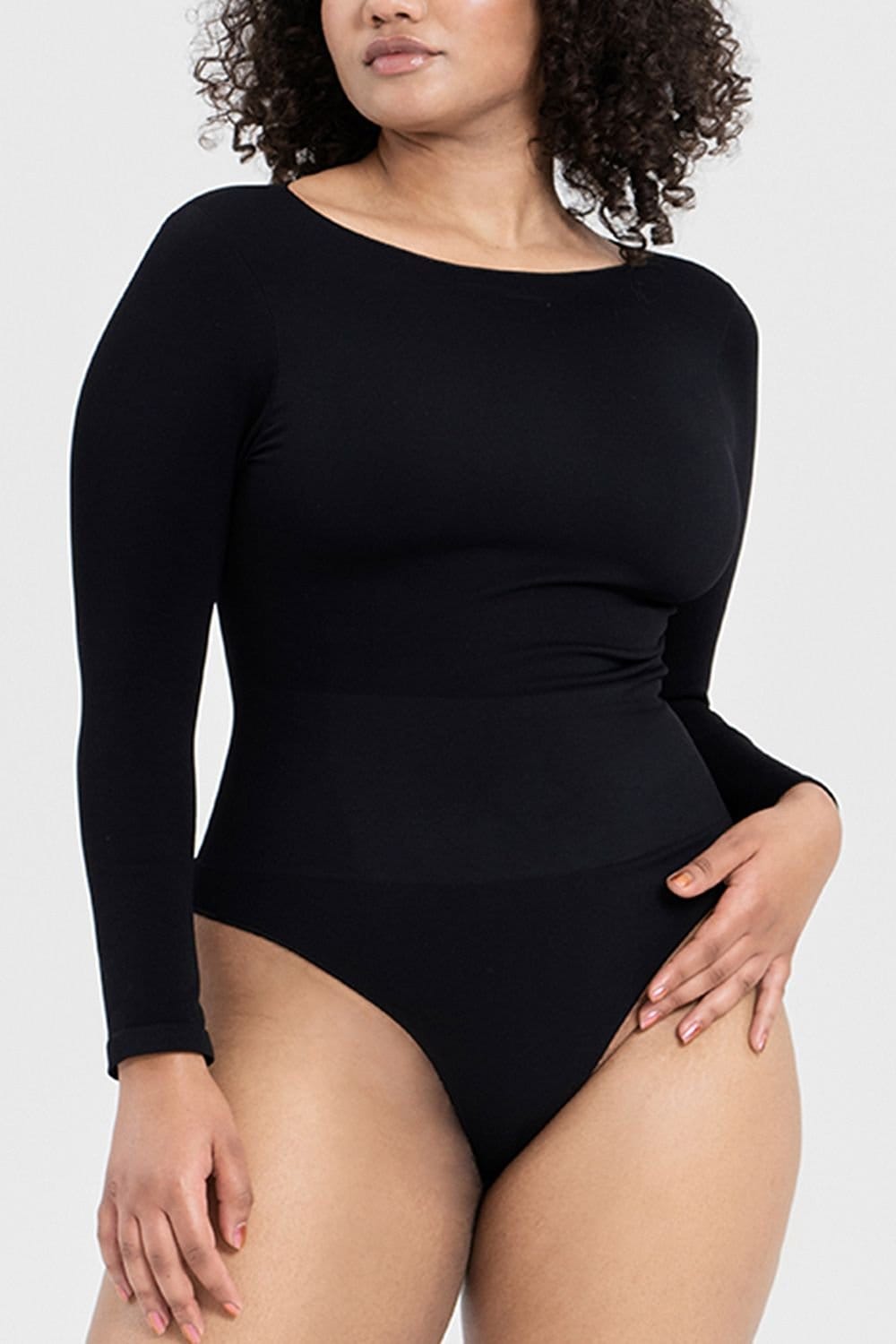 Ruey Ruey Women's Essentials Long Sleeve Bodysuit Sculpting Stretch Fit in Black - 4