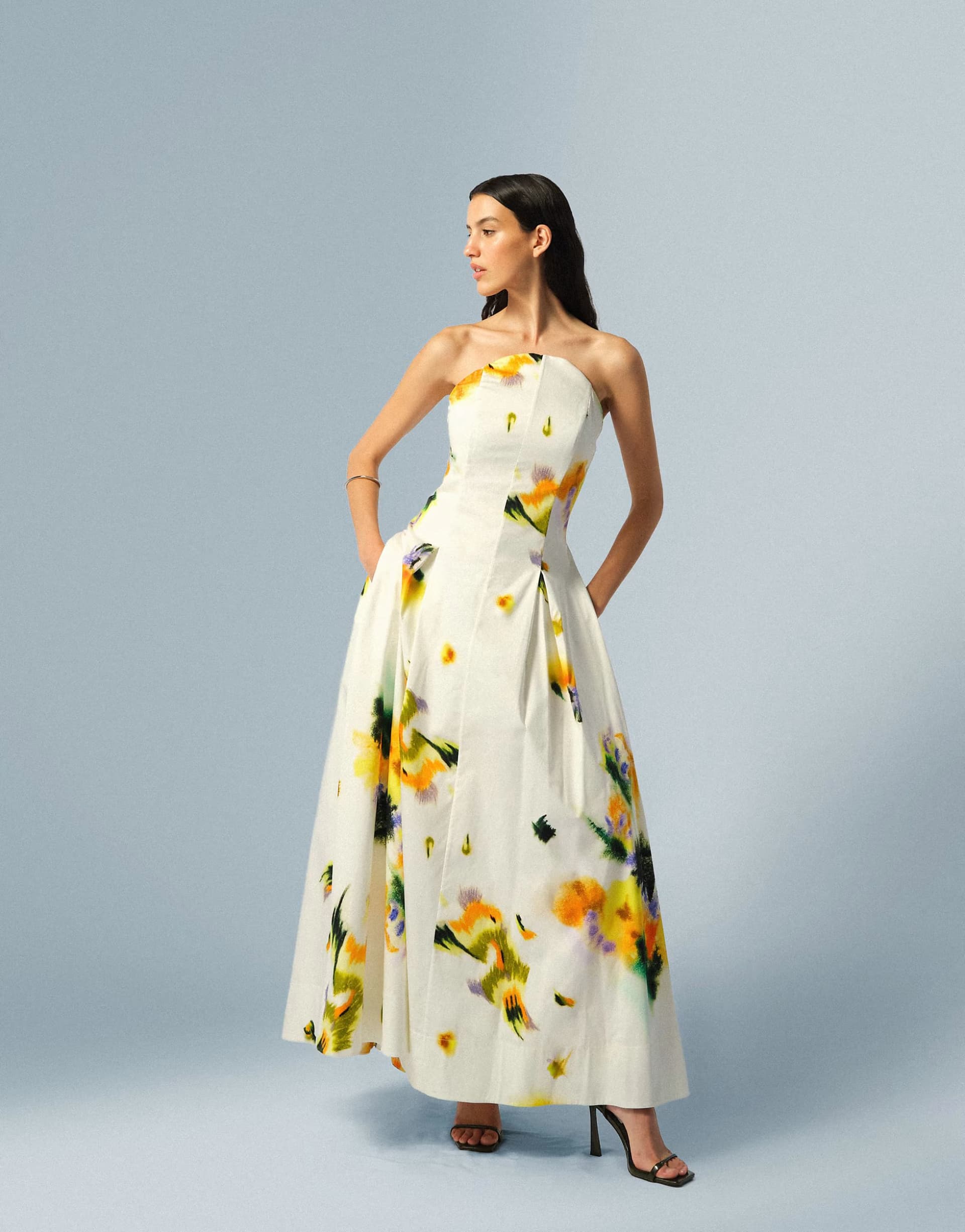 ASOS ARRANGE structured bandeau maxi dress in blurred floral print
