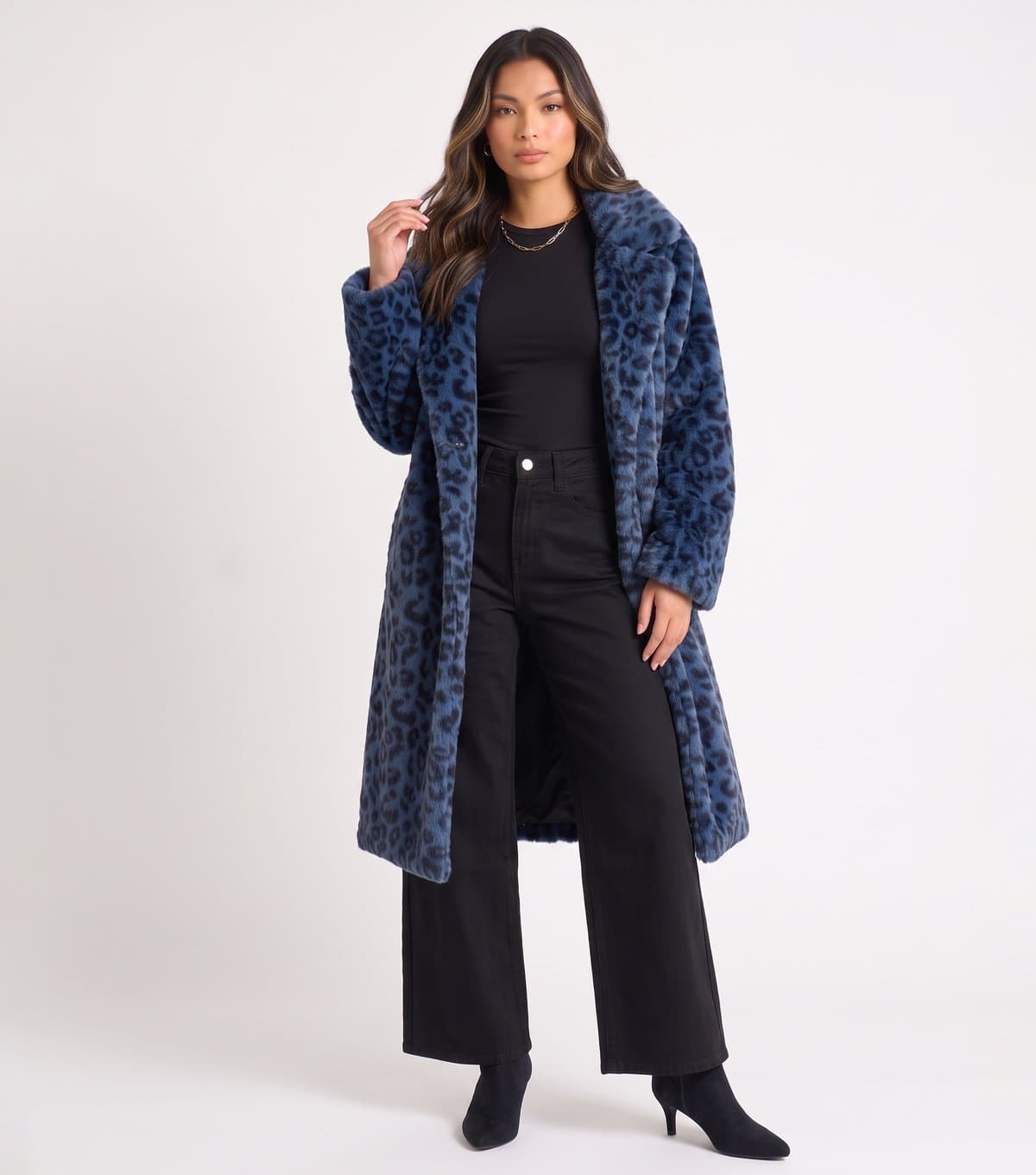 Gini London Women's Blue Leopard Print Faux Fur Longline Coat Gini London New Look