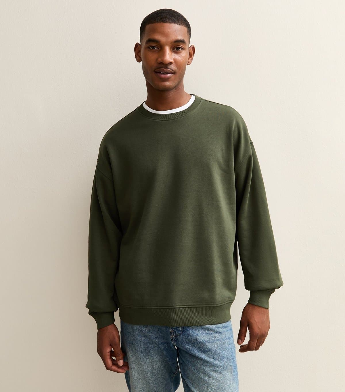 New Look Men's Dark Khaki Oversized Crew Neck Sweatshirt New Look