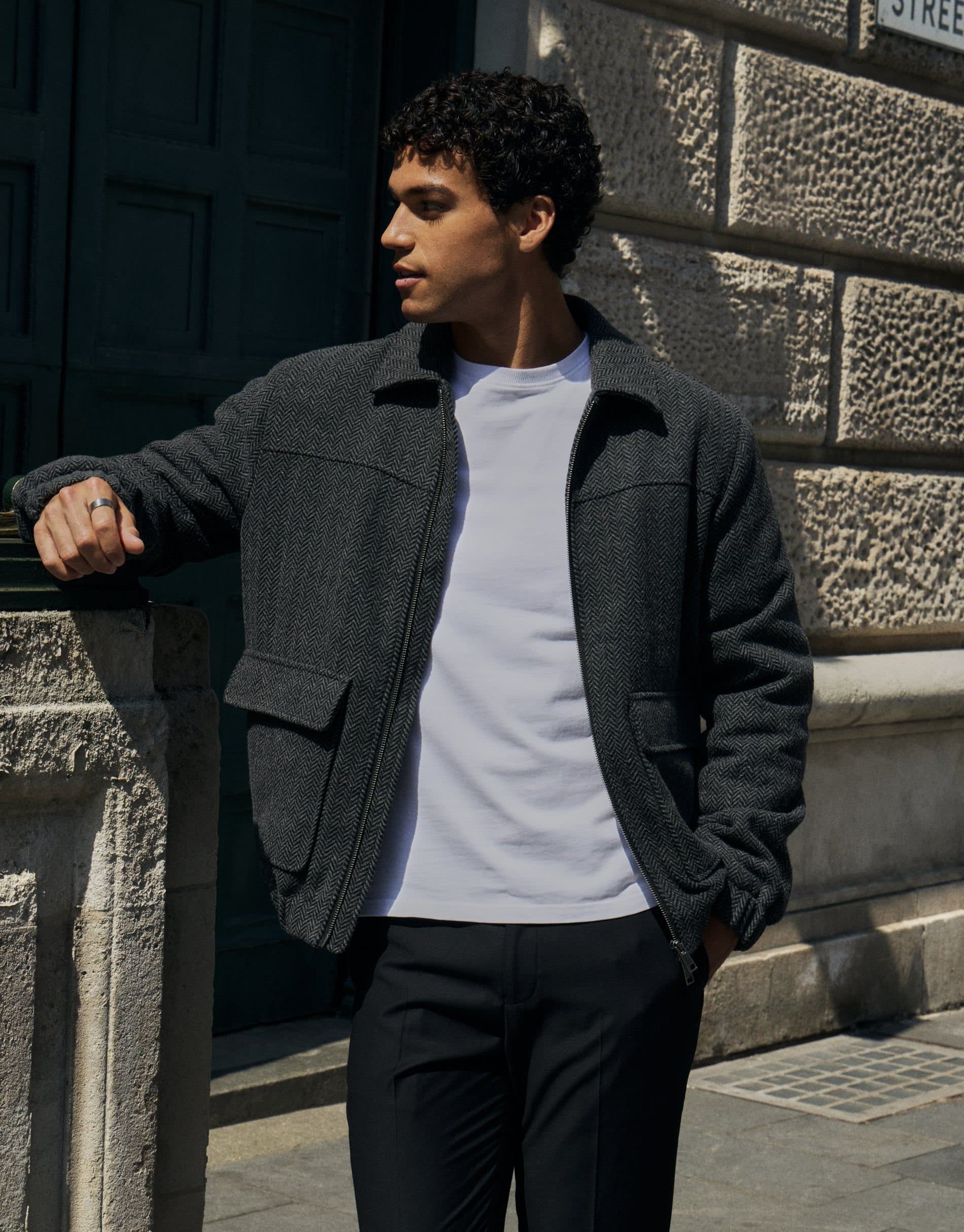 Threadbare threadbare Men's Herringbone Faux Wool Collared Jacket in Grey