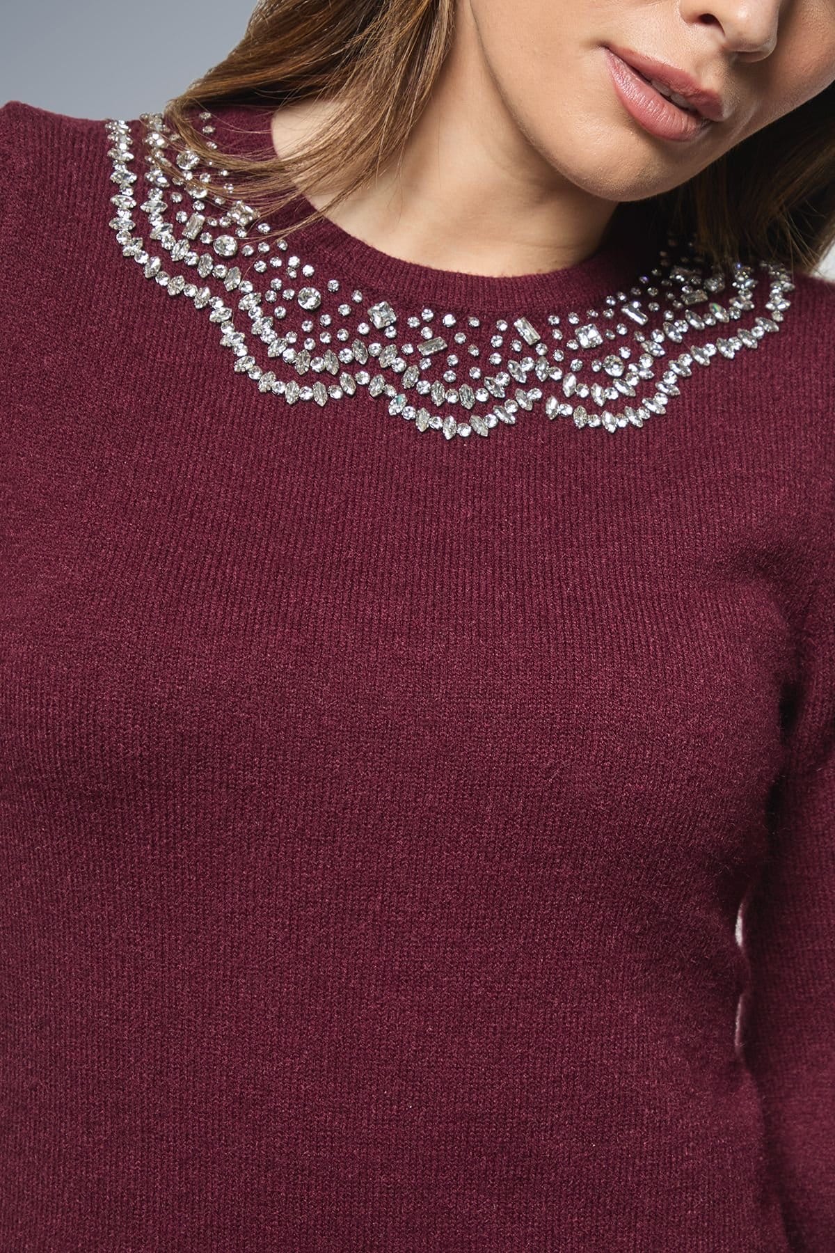 Wallis Wallis Women's Embellished Knitted Shift Dress in Burgundy - 4