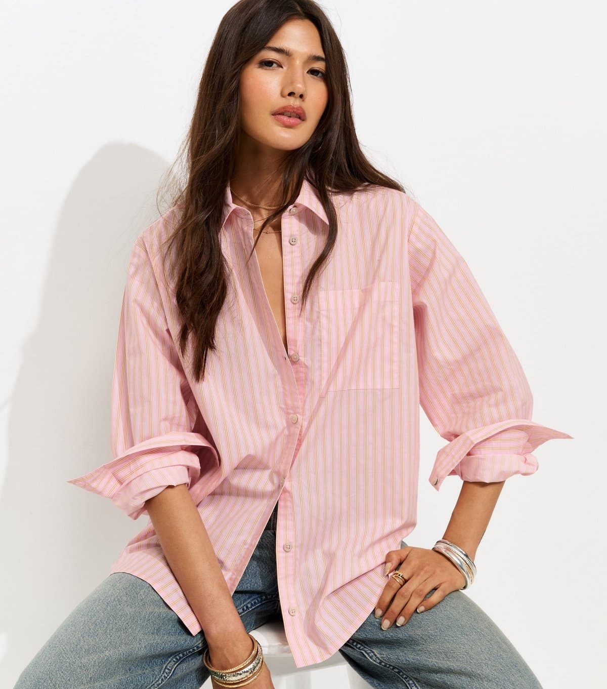 New Look Women's Pink Cotton Stripe Poplin Shirt New Look