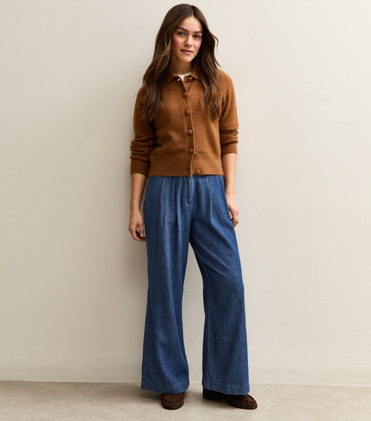 New Look Women's Petite Blue Denim Pleated Wide Leg Trousers New Look