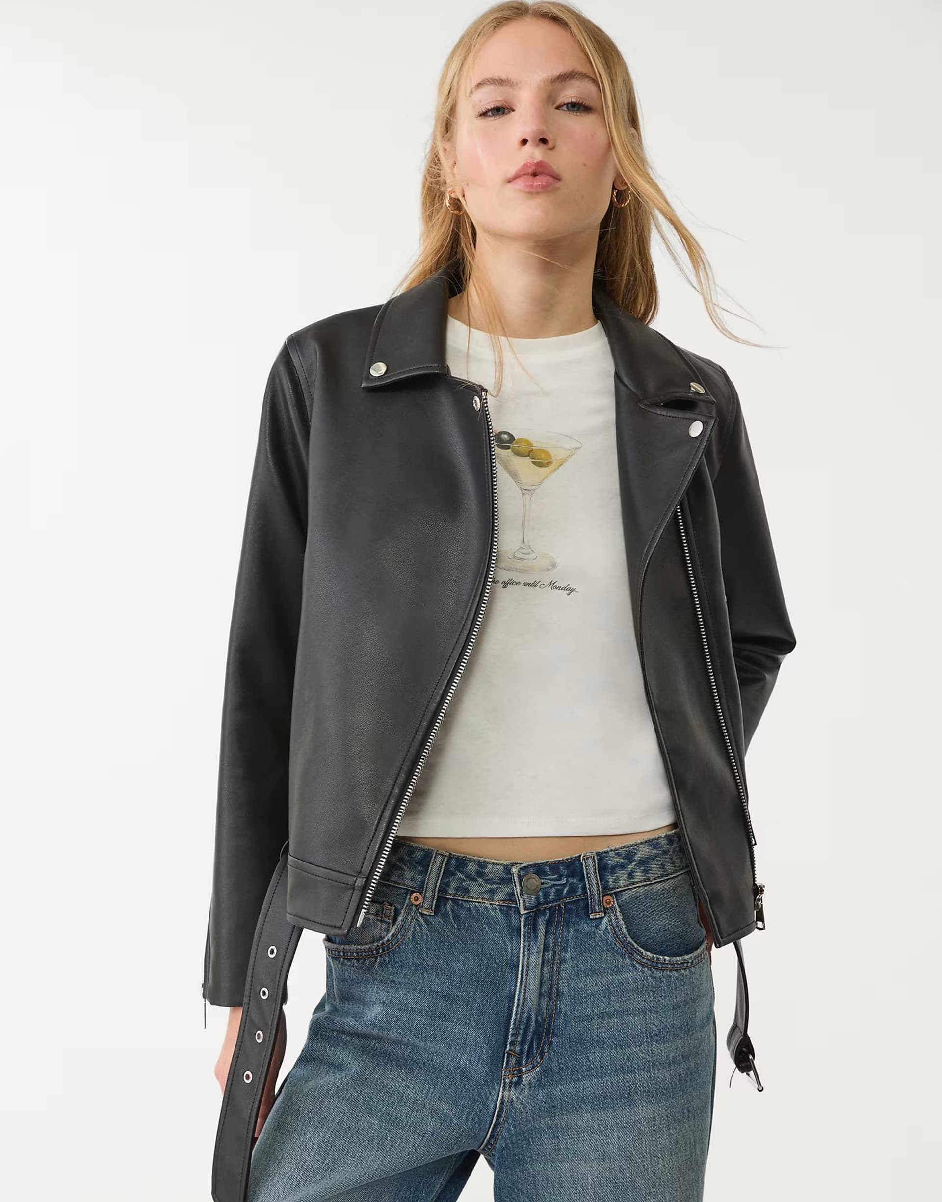ASOS Stradivarius faux leather biker jacket in black