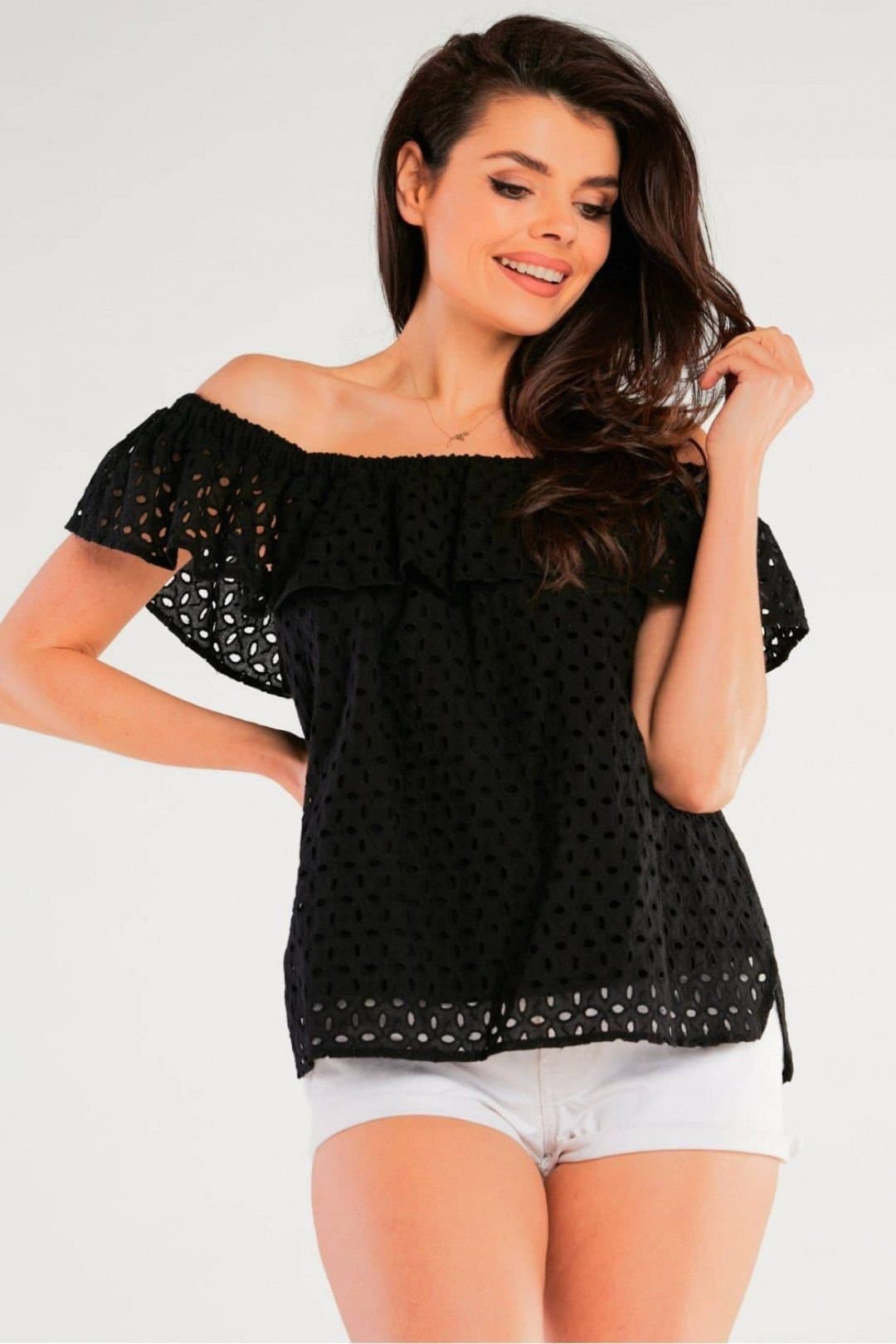 Love Lace Love Lace Women's Spanish Openwork Frill Neck Blouse for Summer in Black