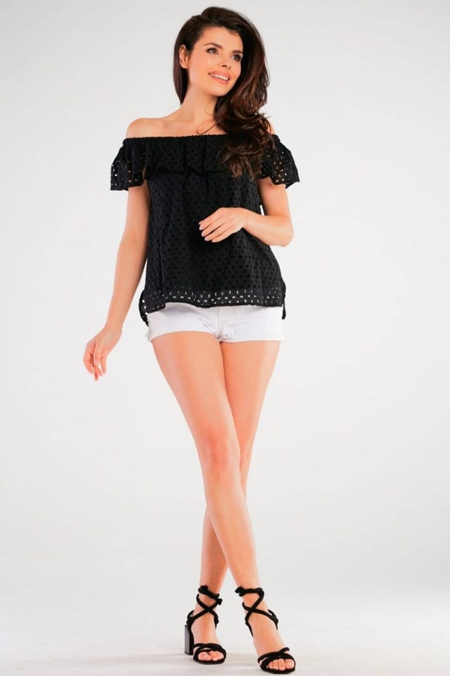 Love Lace Love Lace Women's Spanish Openwork Frill Neck Blouse for Summer in Black - 2