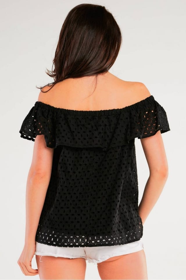 Love Lace Love Lace Women's Spanish Openwork Frill Neck Blouse for Summer in Black - 3