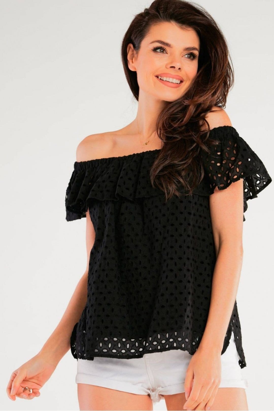Love Lace Love Lace Women's Spanish Openwork Frill Neck Blouse for Summer in Black - 4