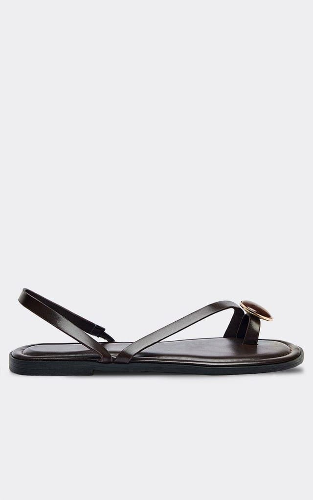 EGO Jamey Toe Loop Stone Detail Slingback Strappy Sandal In Brown Faux Leather, Women's Size UK 3 - 2