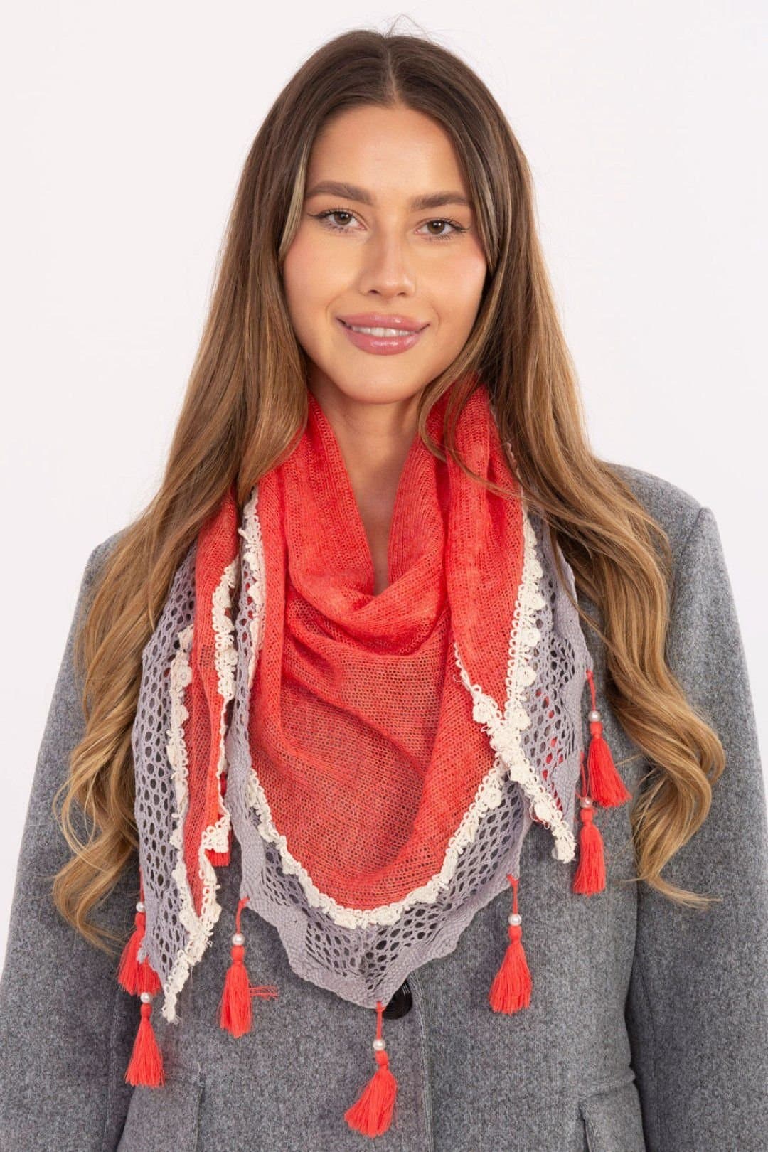 Love Lace Love Lace Women's Elegant Lace Trim Viscose Triangular Scarf with Pearl Fringe in Red