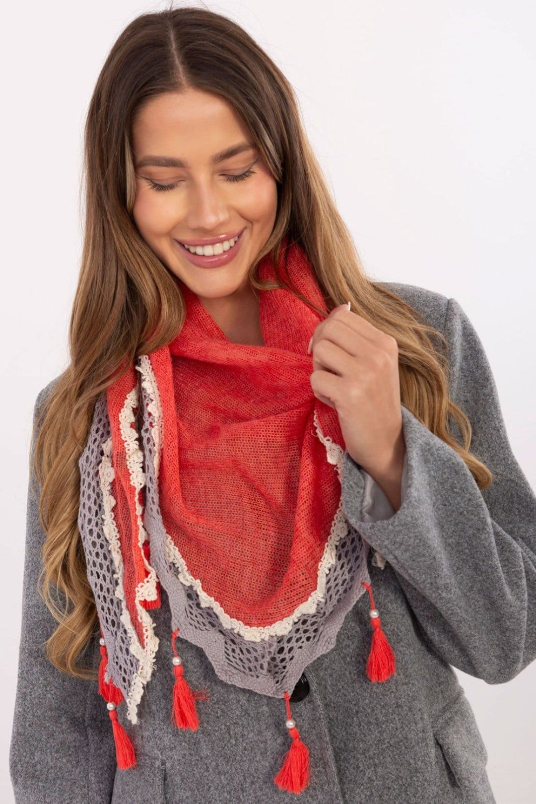 Love Lace Love Lace Women's Elegant Lace Trim Viscose Triangular Scarf with Pearl Fringe in Red - 4