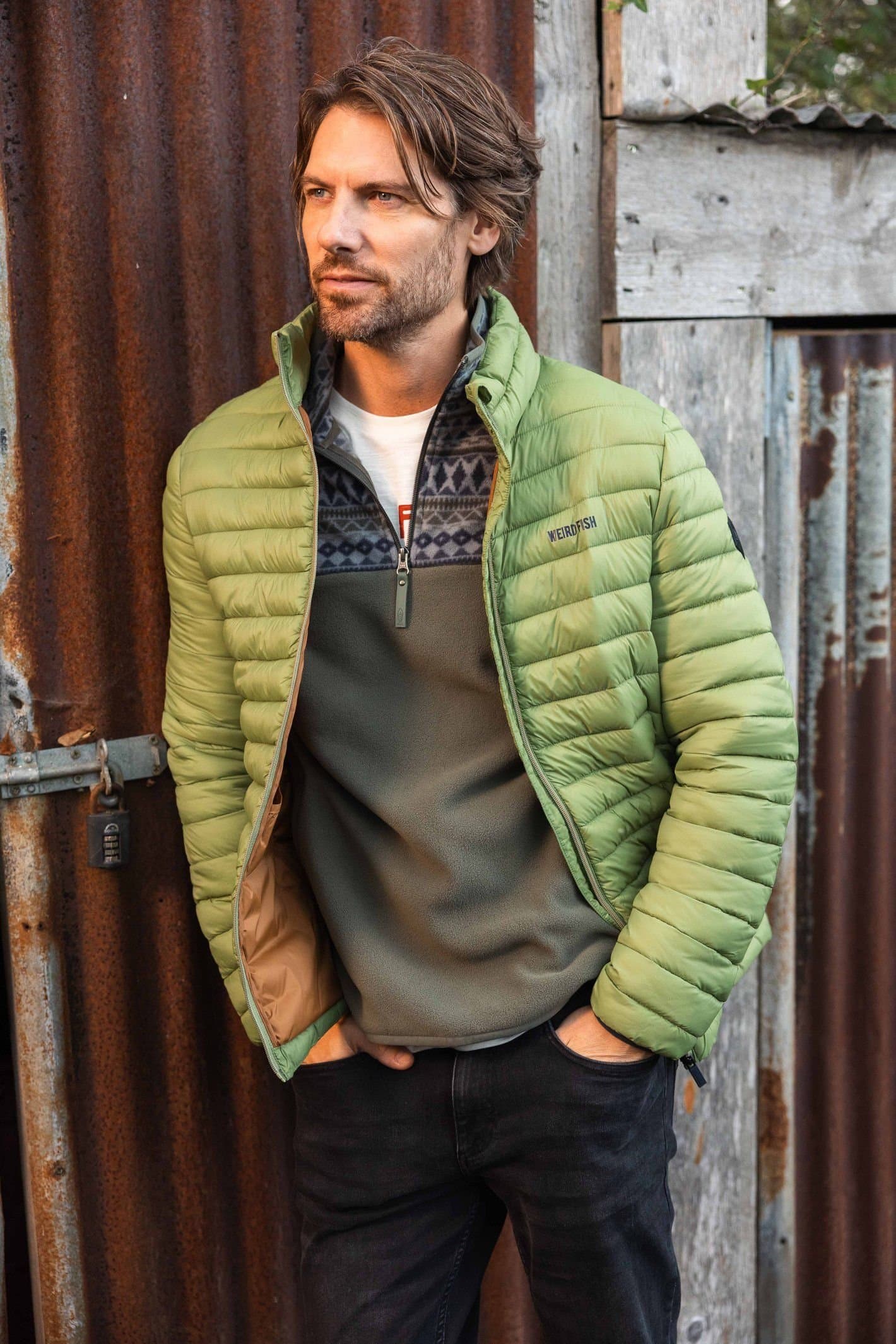 Weird Fish Weird Fish Men's Crantock Lightweight Showerproof Padded Jacket in Pale Green