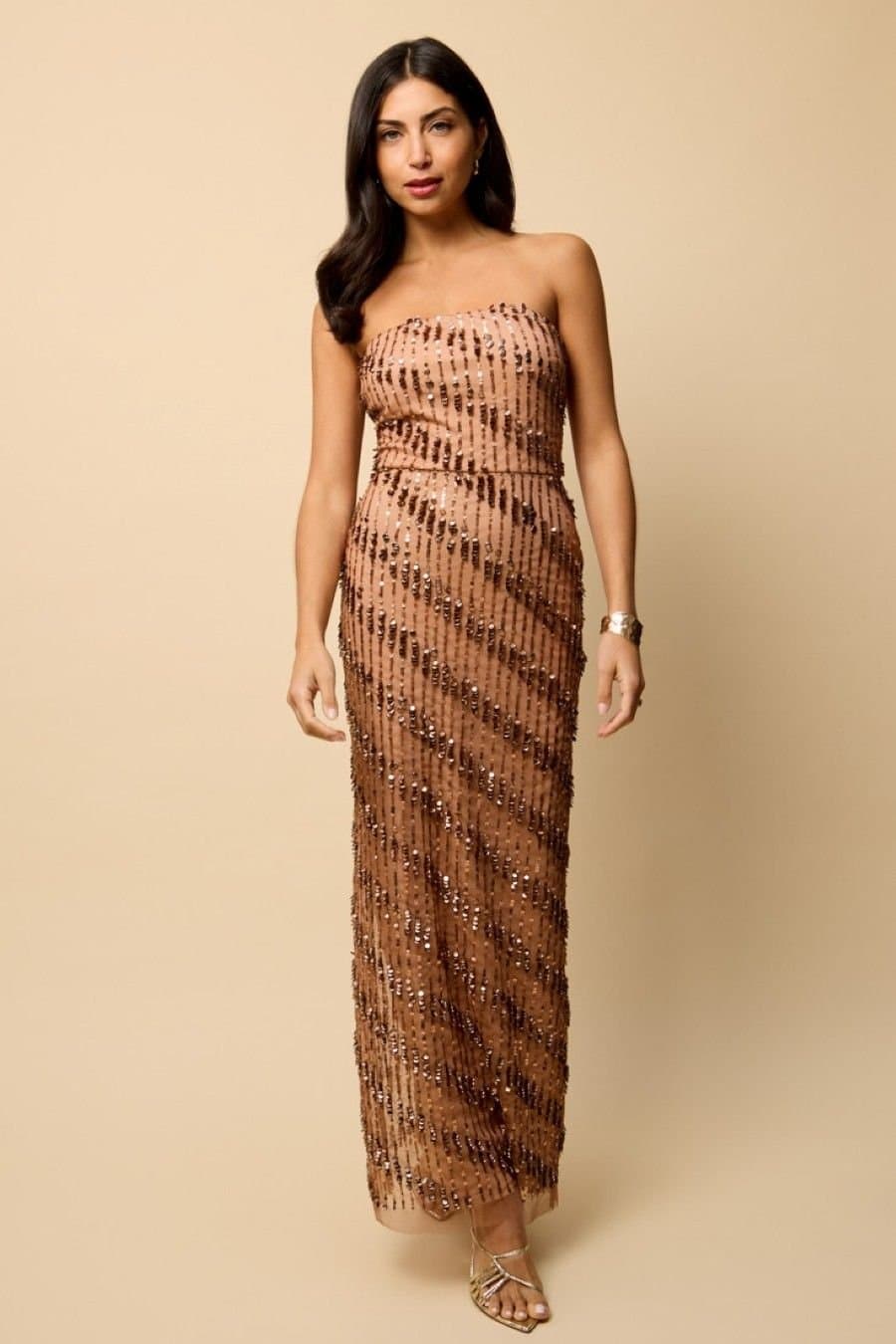 Little Mistress Little Mistress Women's Embellished Bandeau Maxi Dress in Tan
