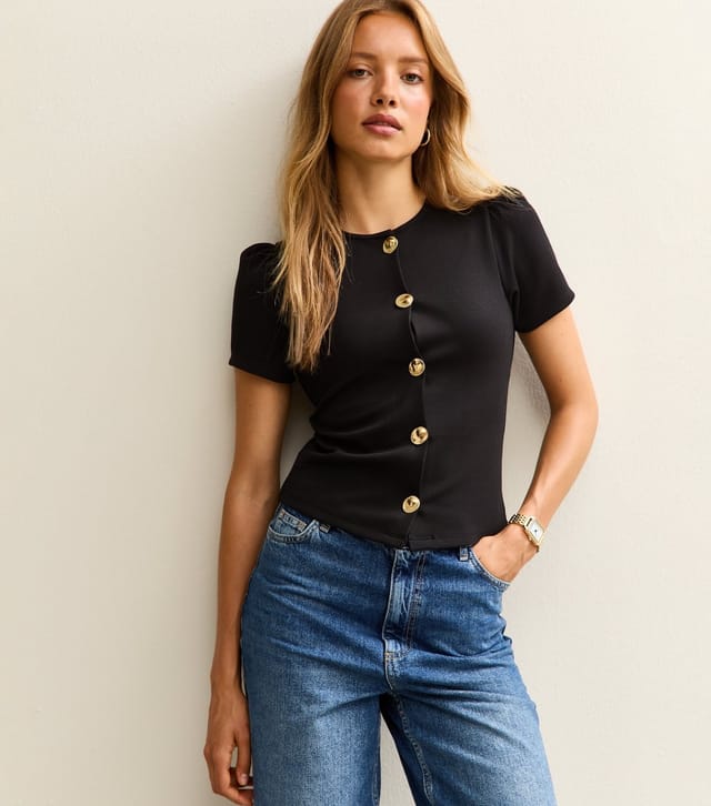 New Look Women's Black Puff Sleeve Crew Neck Button Through Top New Look - 2