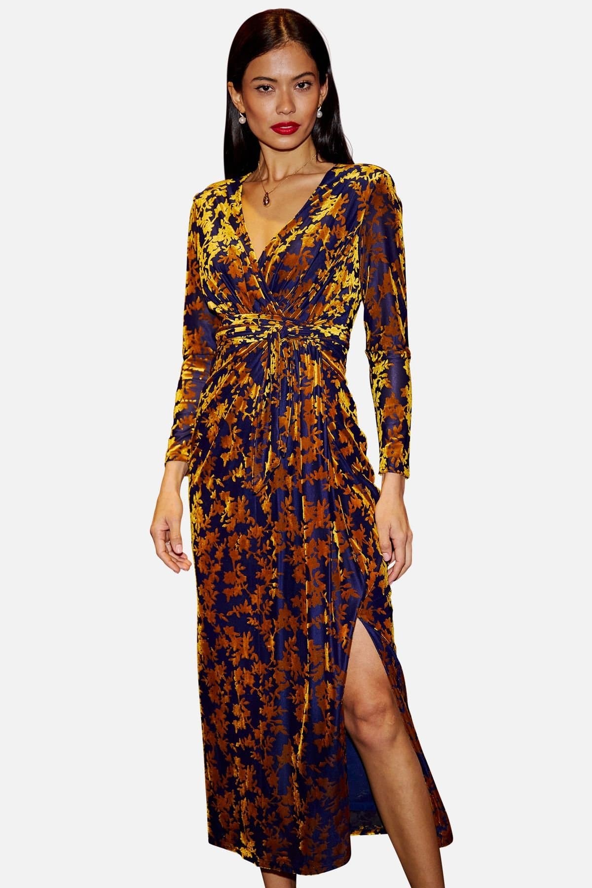 Yumi Yumi Women's Multi-Coloured Velour Stretch Midi Dress With Long Sleeves