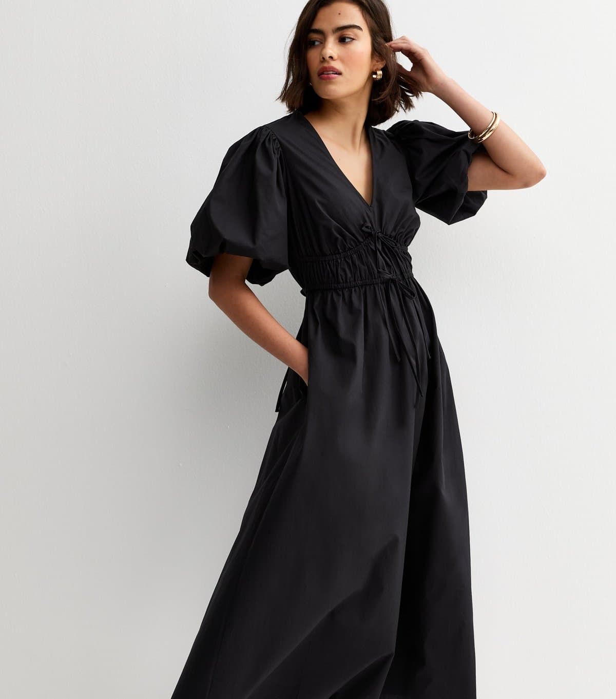 New Look Women's Black Cotton Puff Sleeve Midi Dress New Look