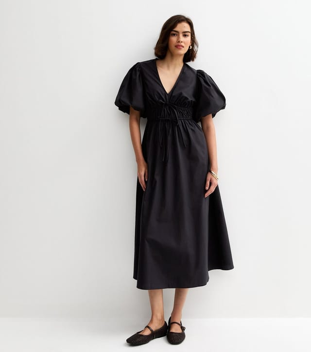 New Look Women's Black Cotton Puff Sleeve Midi Dress New Look - 3