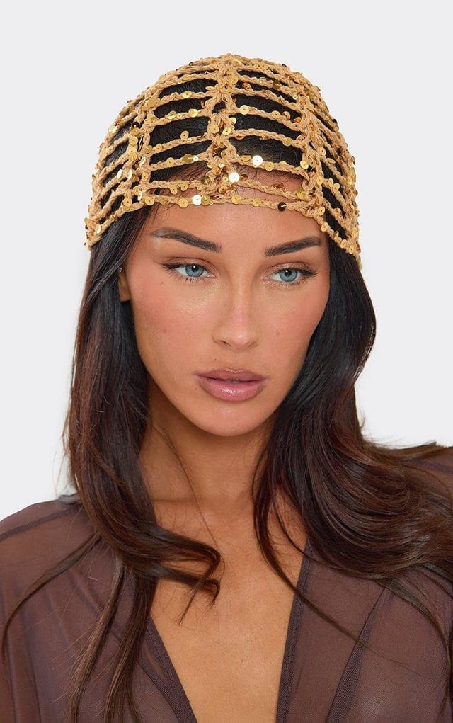 EGO Sequin Detail Hat In Gold Crochet Knit, Women's Size UK 0 - 2
