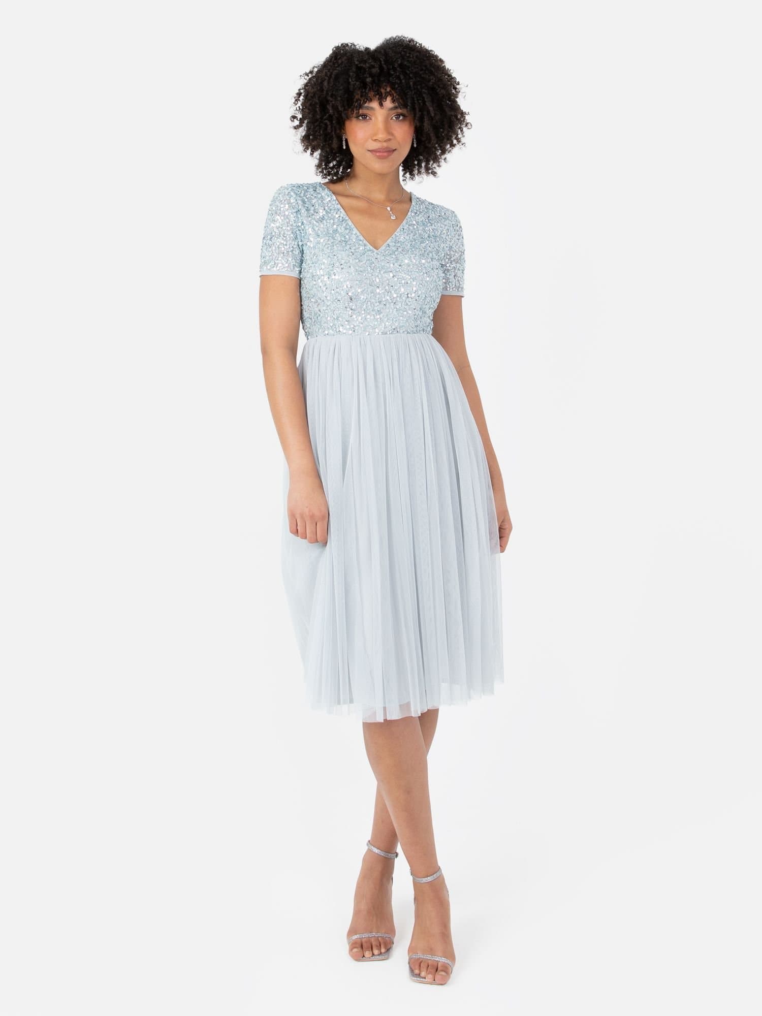 Maya Deluxe Maya Deluxe Women's Short Sleeve V Neck Embellished Midi Dress in Pale Blue