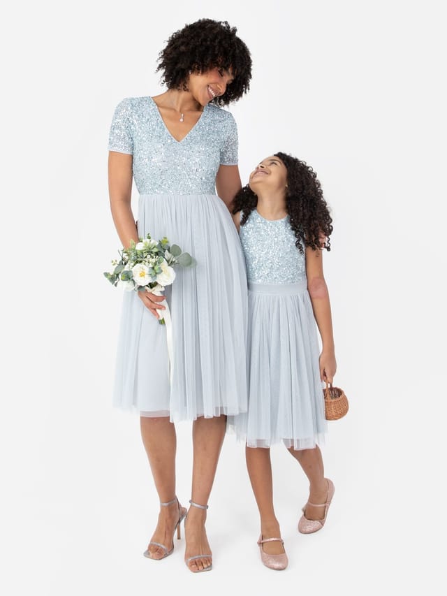 Maya Deluxe Maya Deluxe Women's Short Sleeve V Neck Embellished Midi Dress in Pale Blue - 2