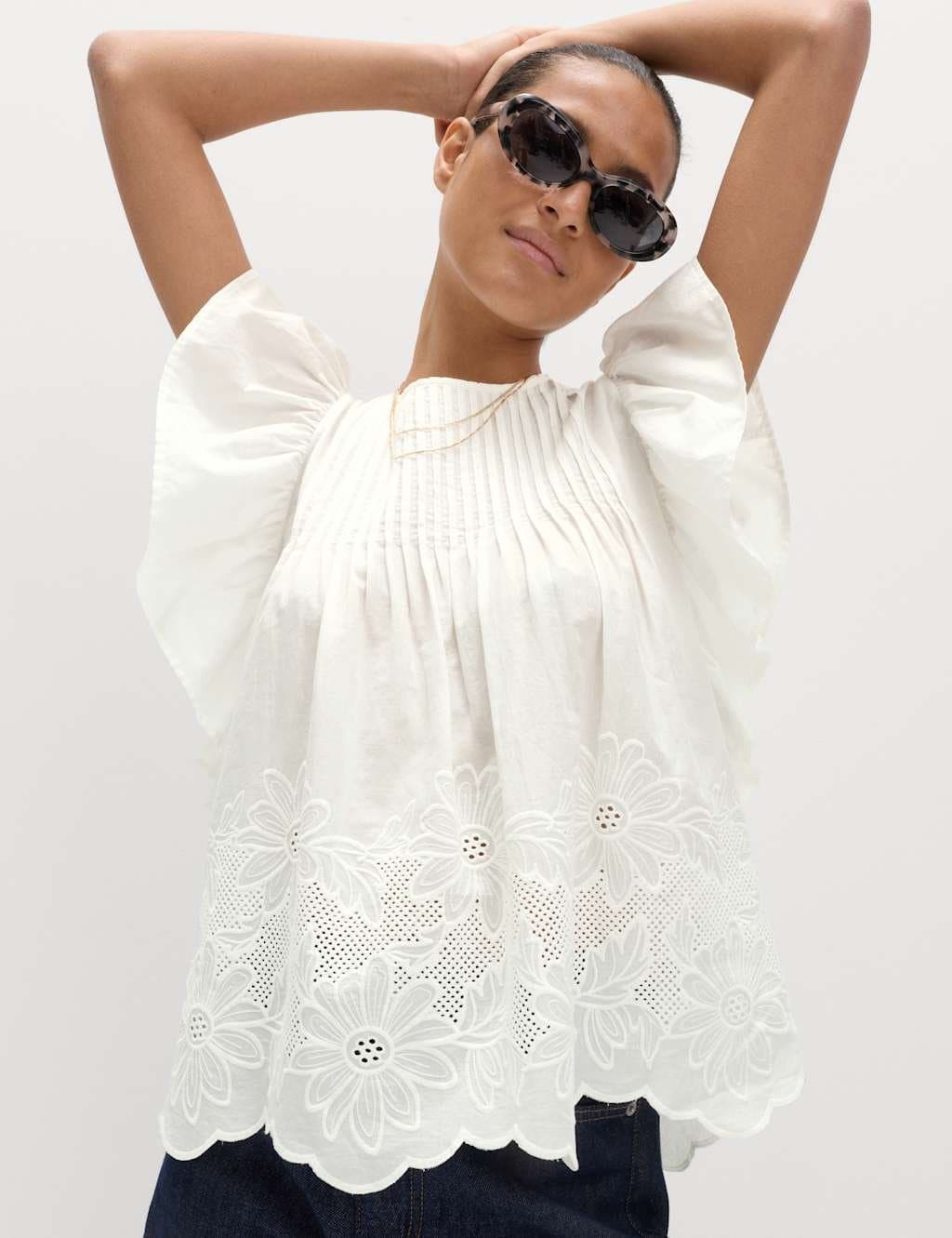 Marks & Spencer M&S Pure Cotton Pintuck Embroidered Top Soft White