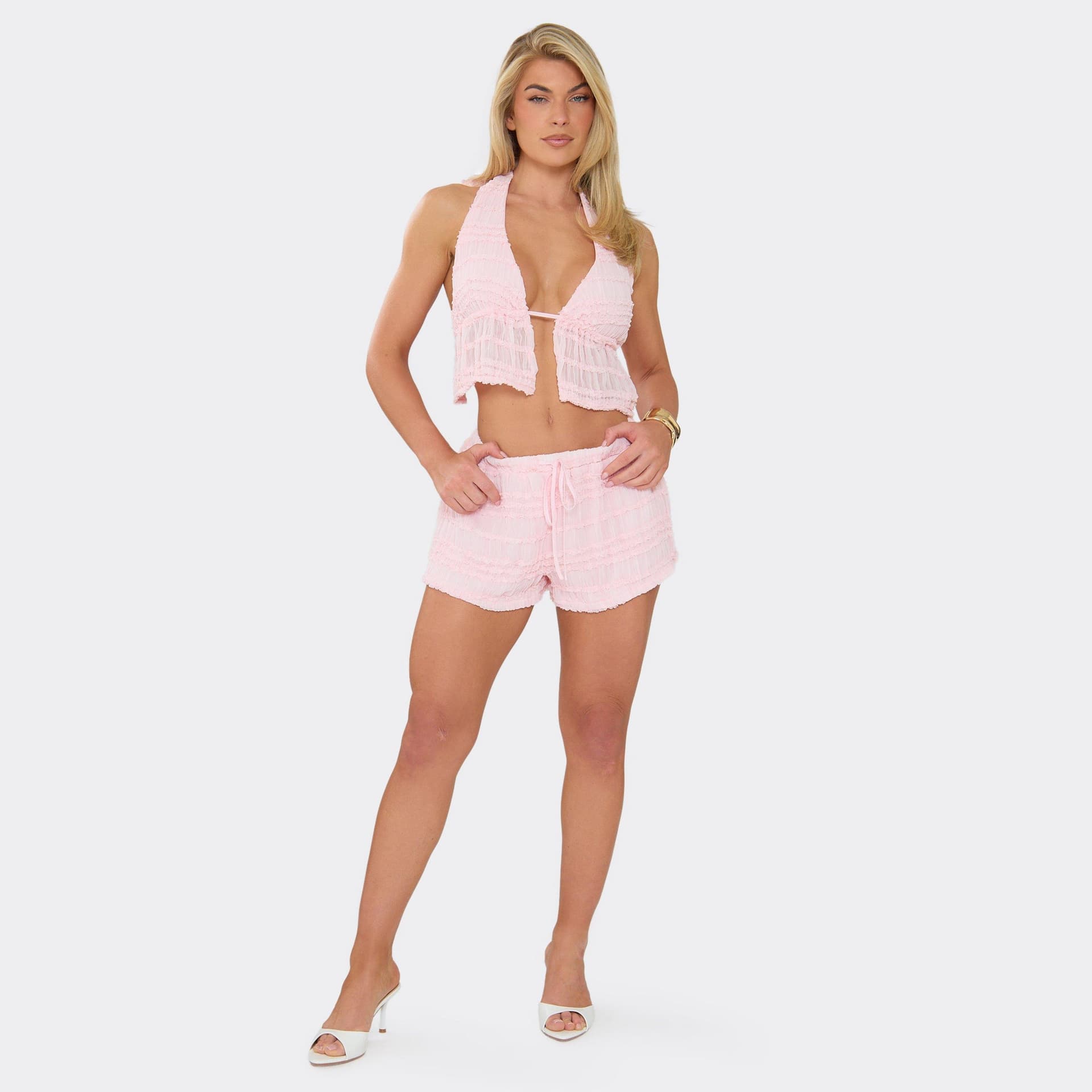EGO Drawstring Waist Shorts In Pink Texture, Women's Size UK 6