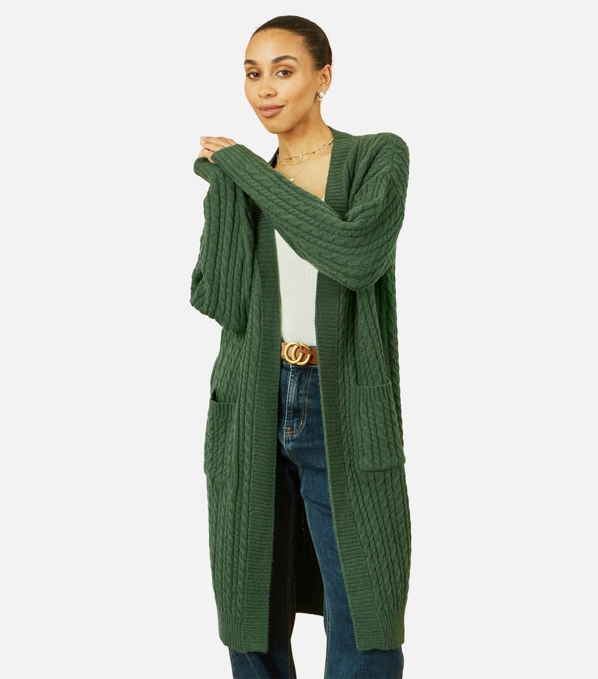 Yumi Women's Green Cable Knit Longline Cardigan Yumi New Look