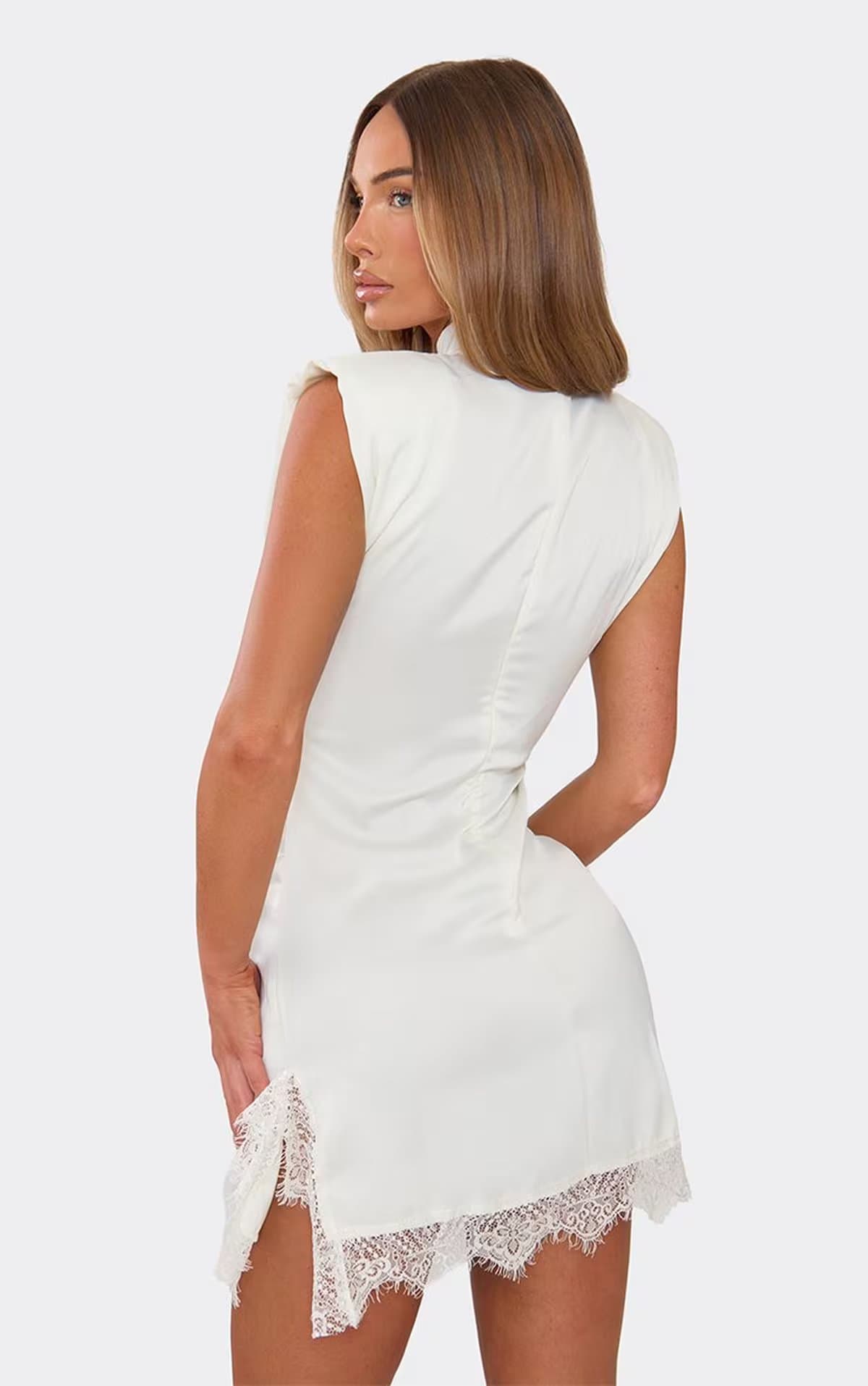EGO High Neck Shoulder Pad Lace Trim Mini Dress In Cream Satin., Women's Size UK 6