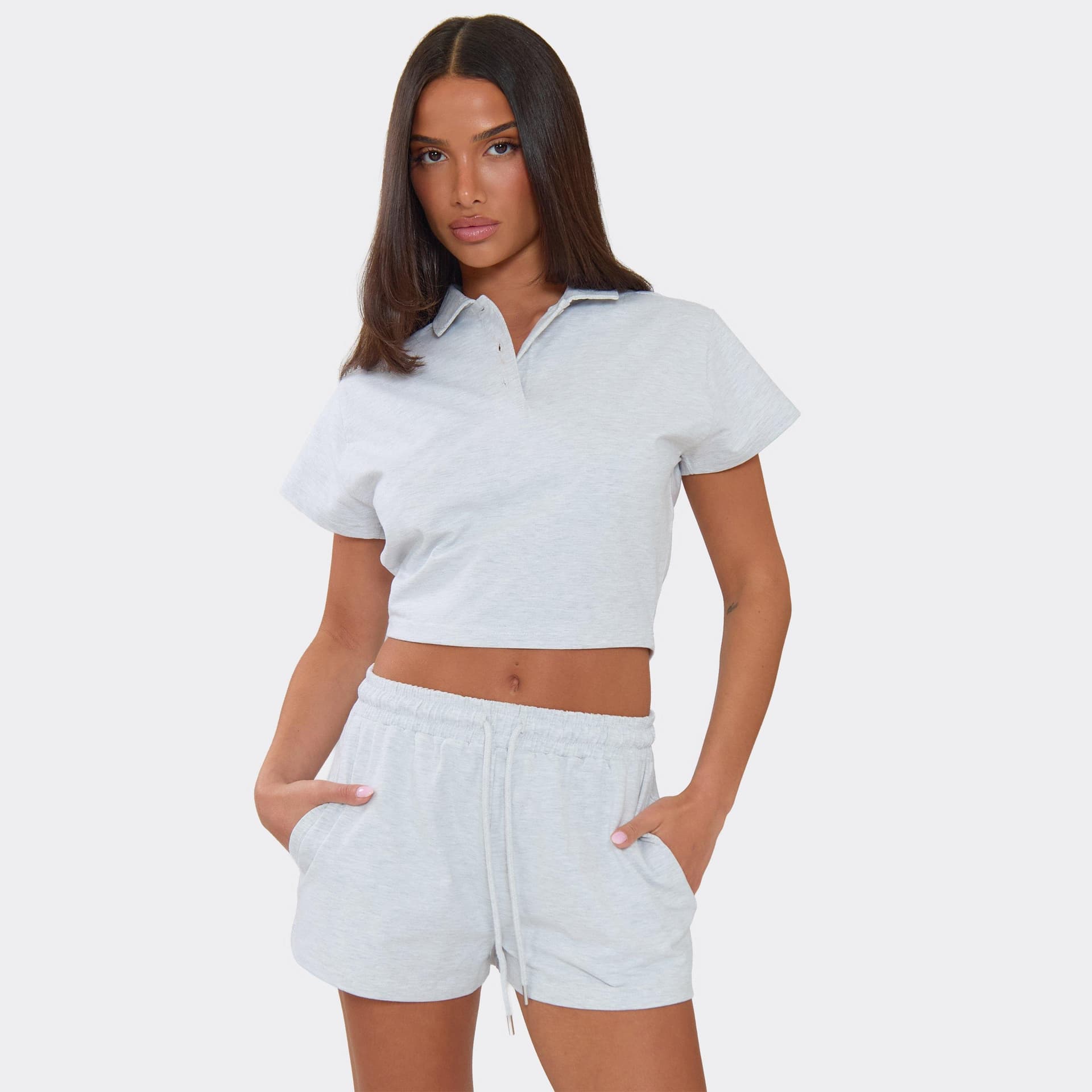 EGO Short Sleeve Collared Cinched Waist Polo Top In Light Grey Marl, Women's Size UK 6