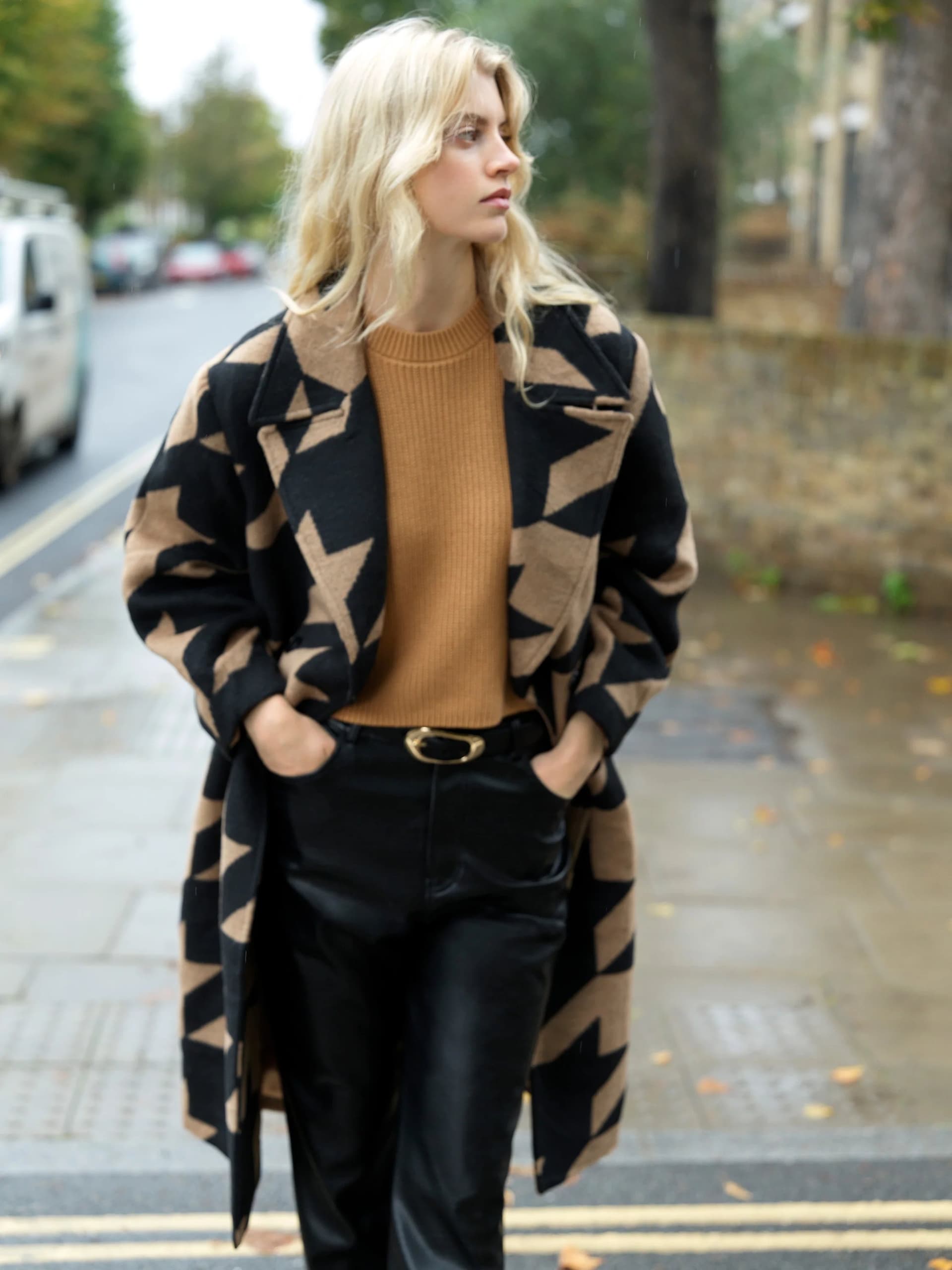 French Connection Lucilla Houndstooth Coat Black/Camel Brown