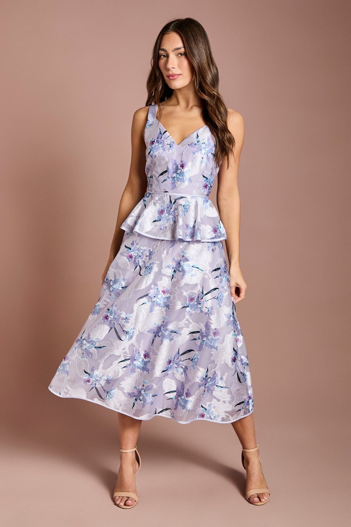 Coast Lilac Satin Jacquard Peplum Midi Dress