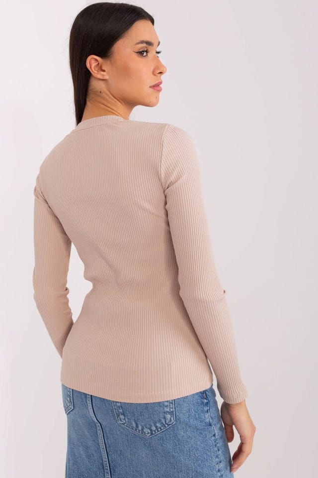 Love Lace Love Lace Women's Cotton Striped Fitted Round Neck Blouse in Beige - 3
