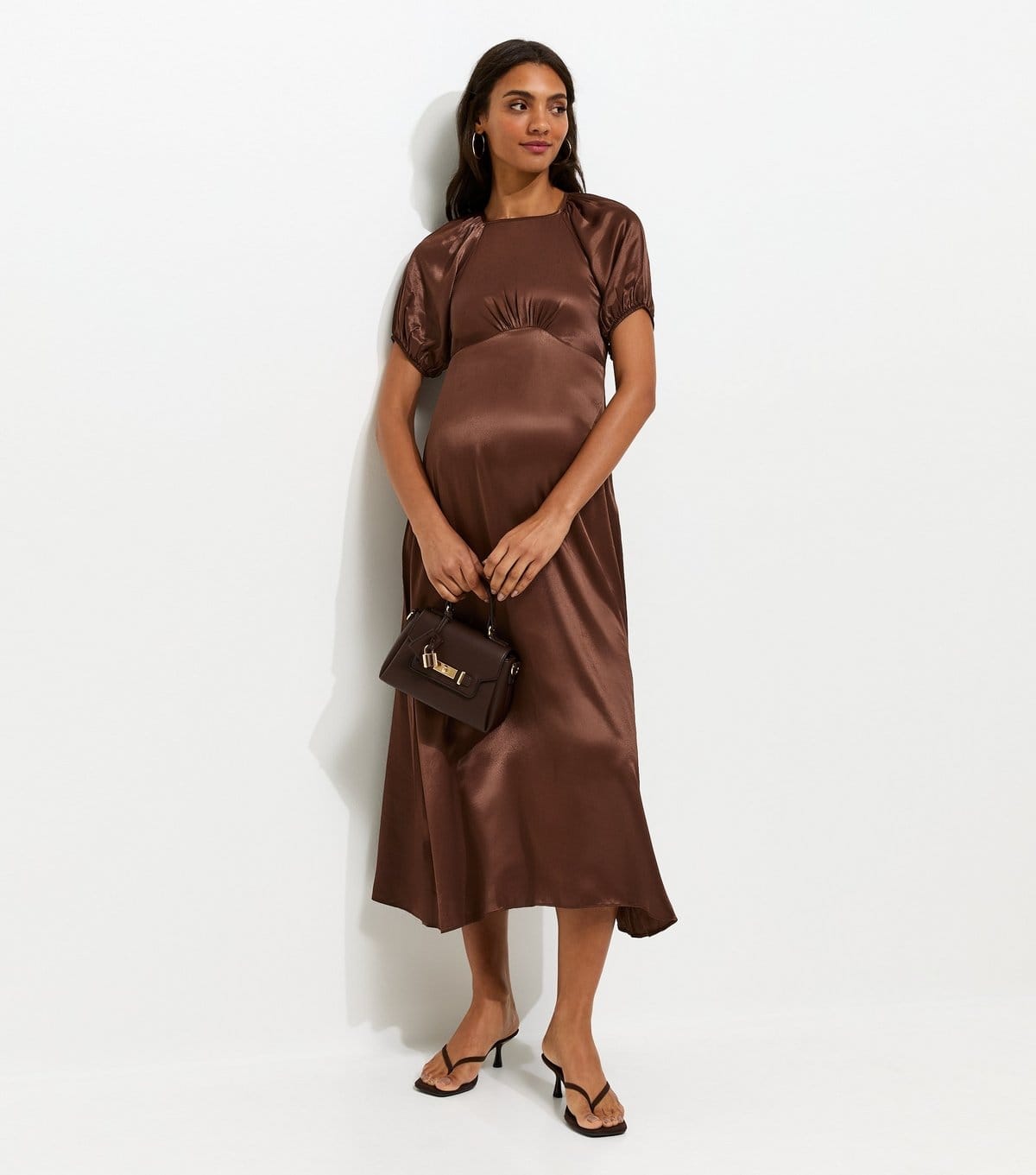 New Look Dark Brown Satin Puff Sleeve Maternity Midi Dress