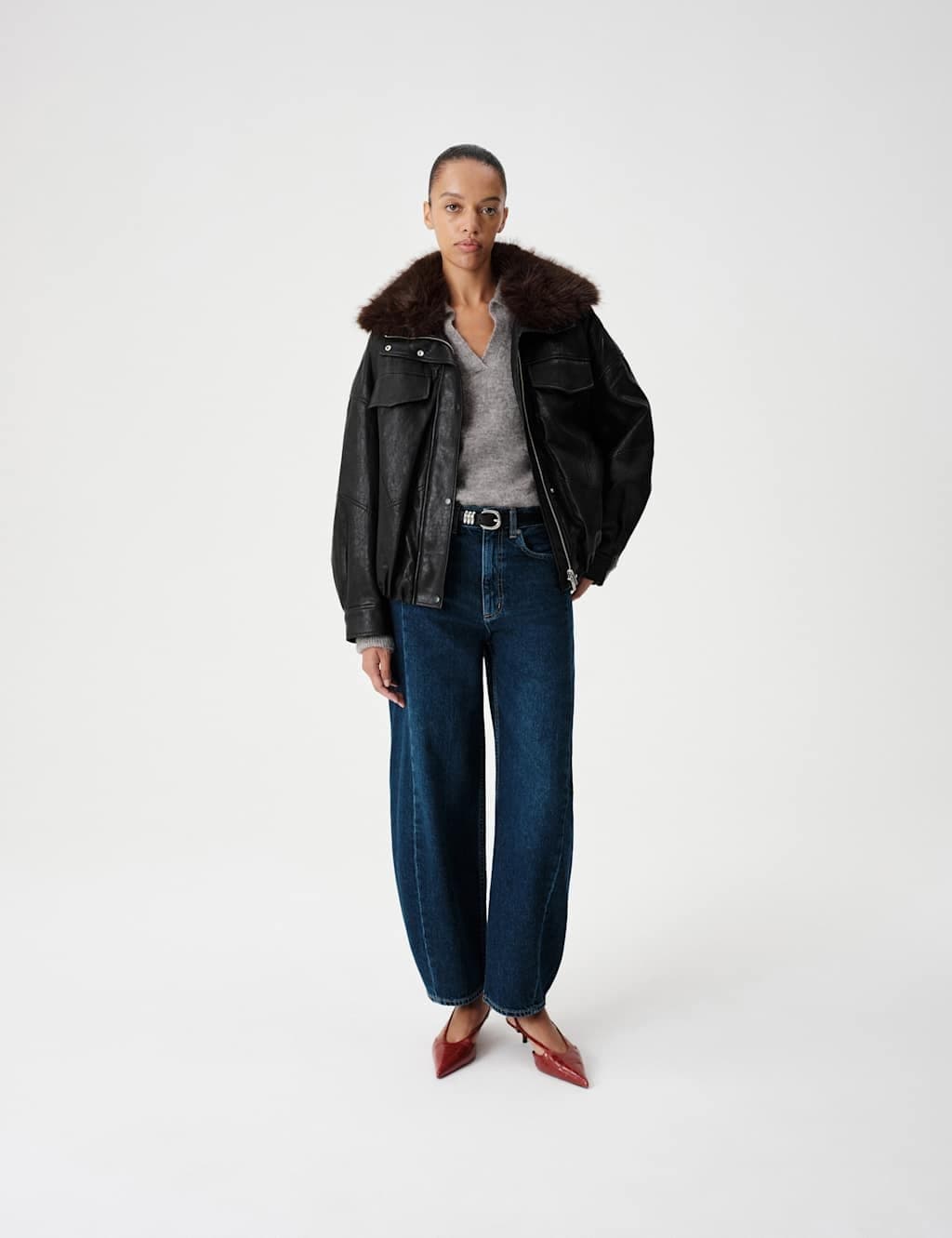 Marks & Spencer M&S Faux Leather Faux Fur Funnel Collar Relaxed Jacket Black