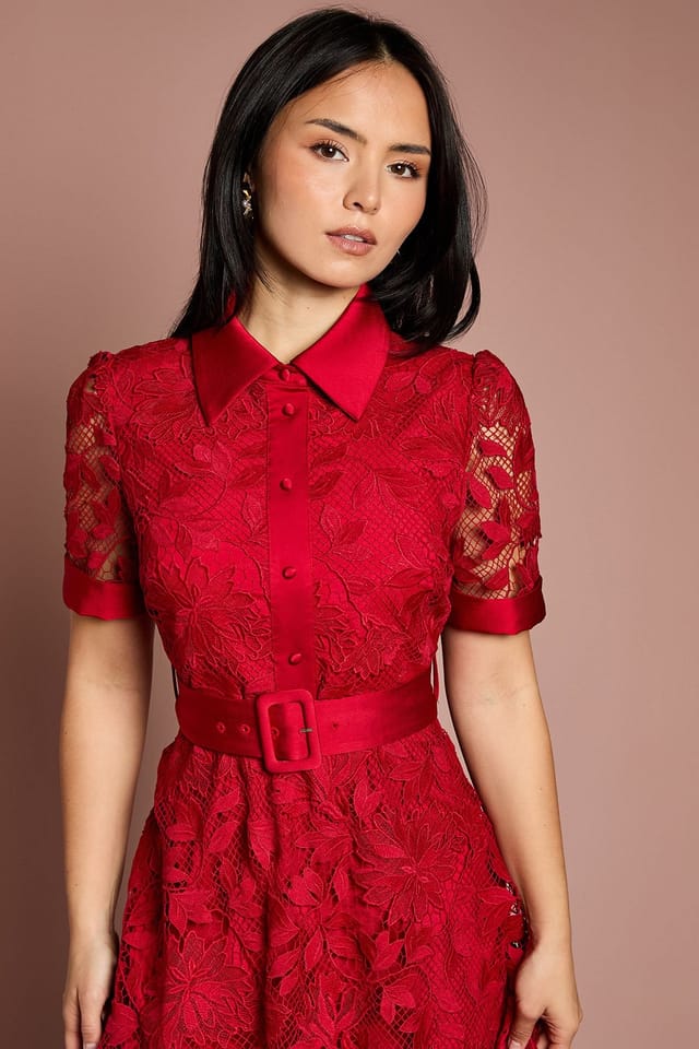 Coast Coast Women's Petite Satin Trim Lace Shirt Midi Dress in Red - 2