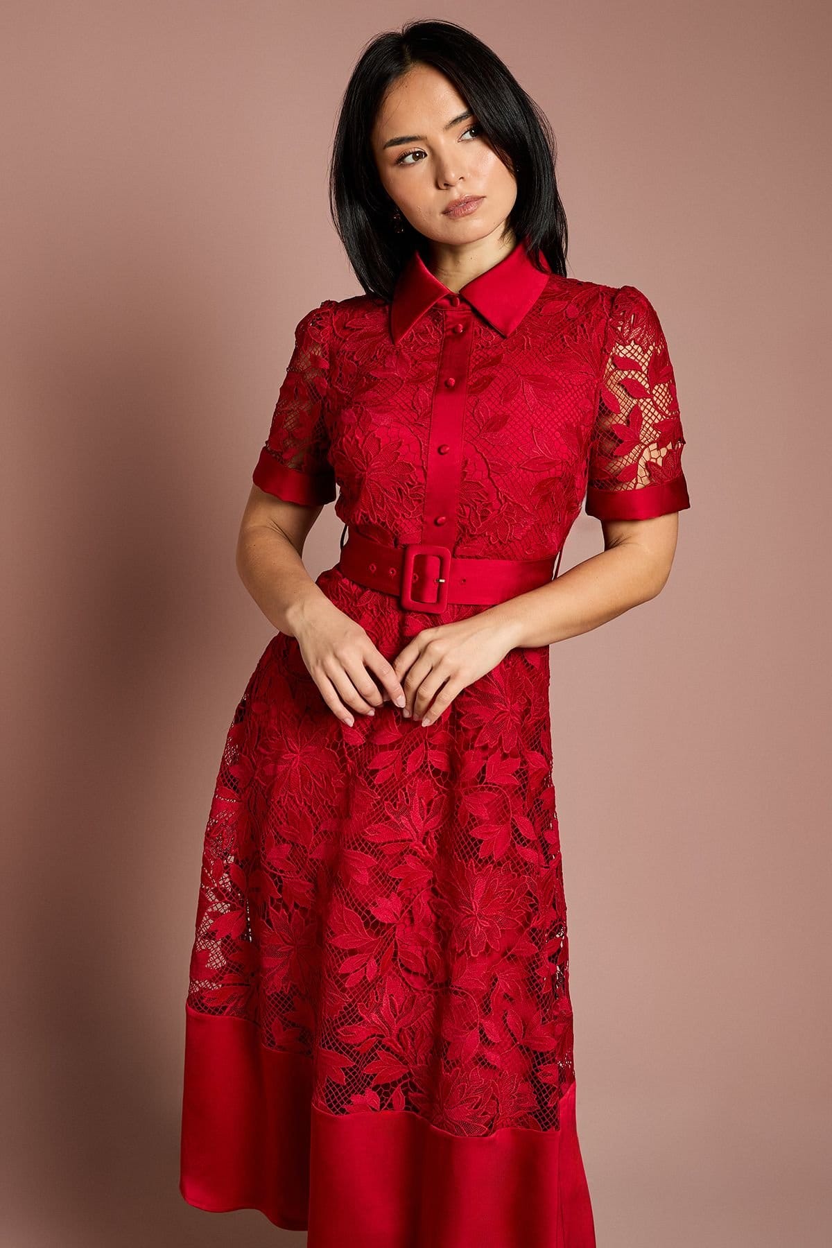 Coast Coast Women's Petite Satin Trim Lace Shirt Midi Dress in Red - 4