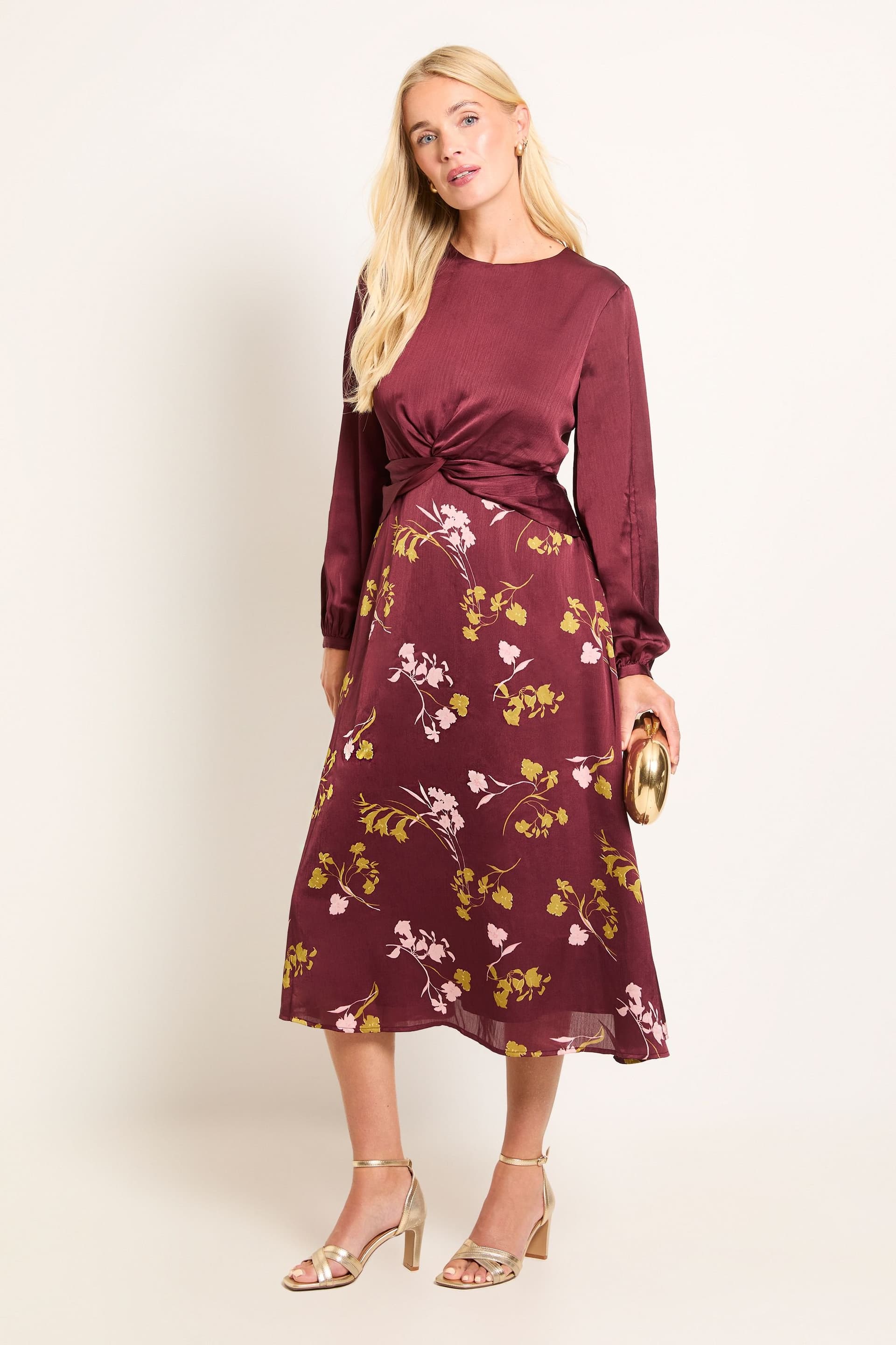 Wallis Wallis Women's Petite Floral Satin Twist Overlay Midi Dress in Burgundy