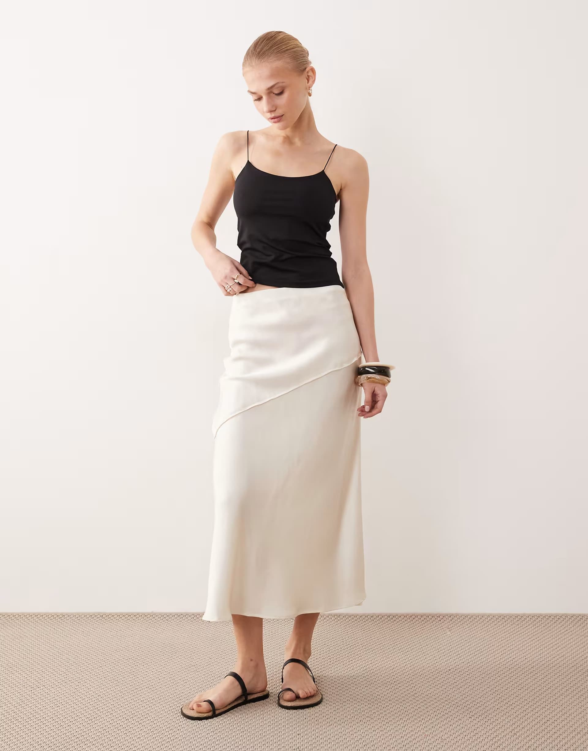 ASOS AWARE satin maxi skirt with drop waist in cream