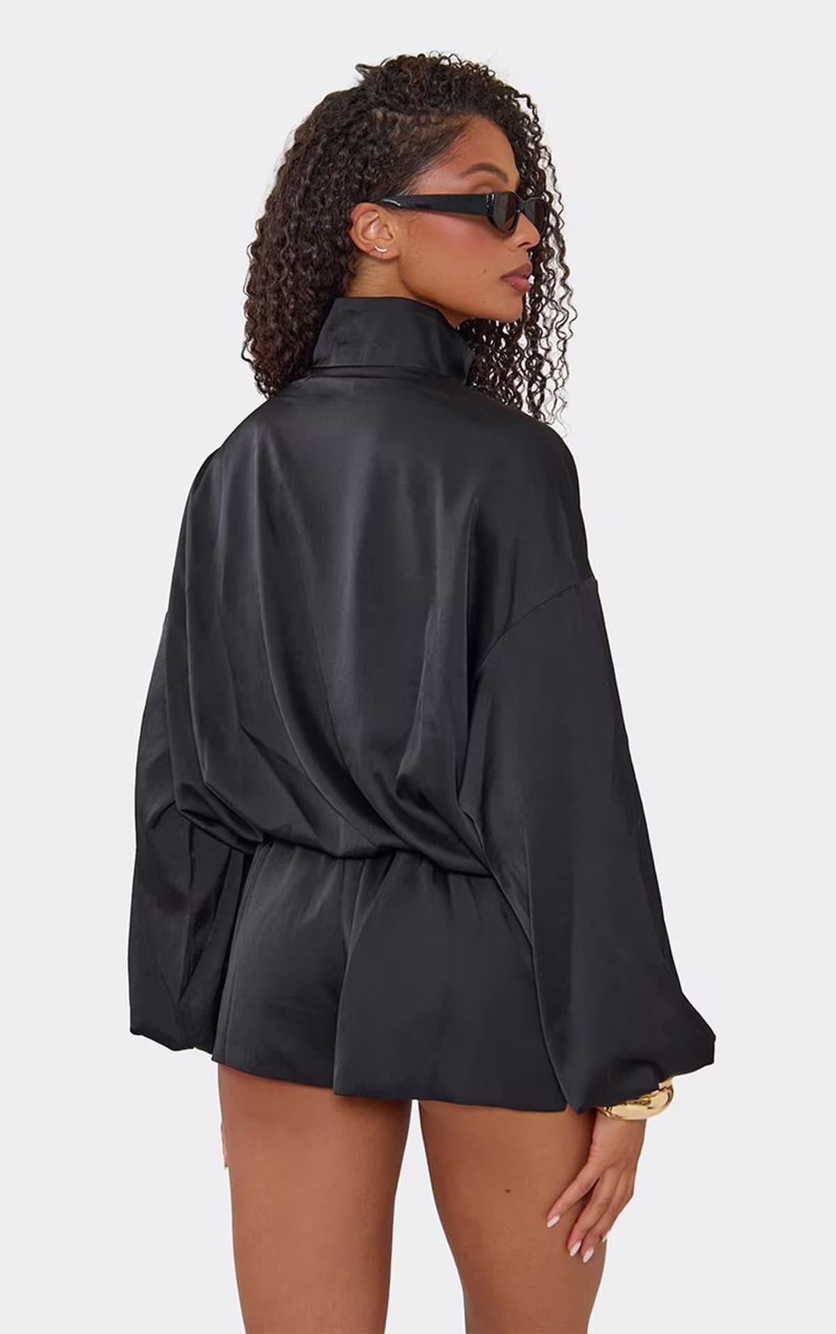 EGO Long Sleeve Collar Detail Bomber Playsuit In Black Satin, Women's Size UK 6
