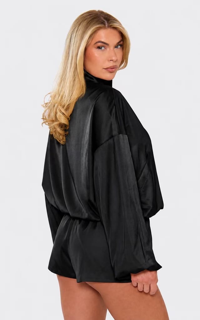 EGO Long Sleeve Collar Detail Bomber Playsuit In Black Satin, Women's Size UK 6 - 2