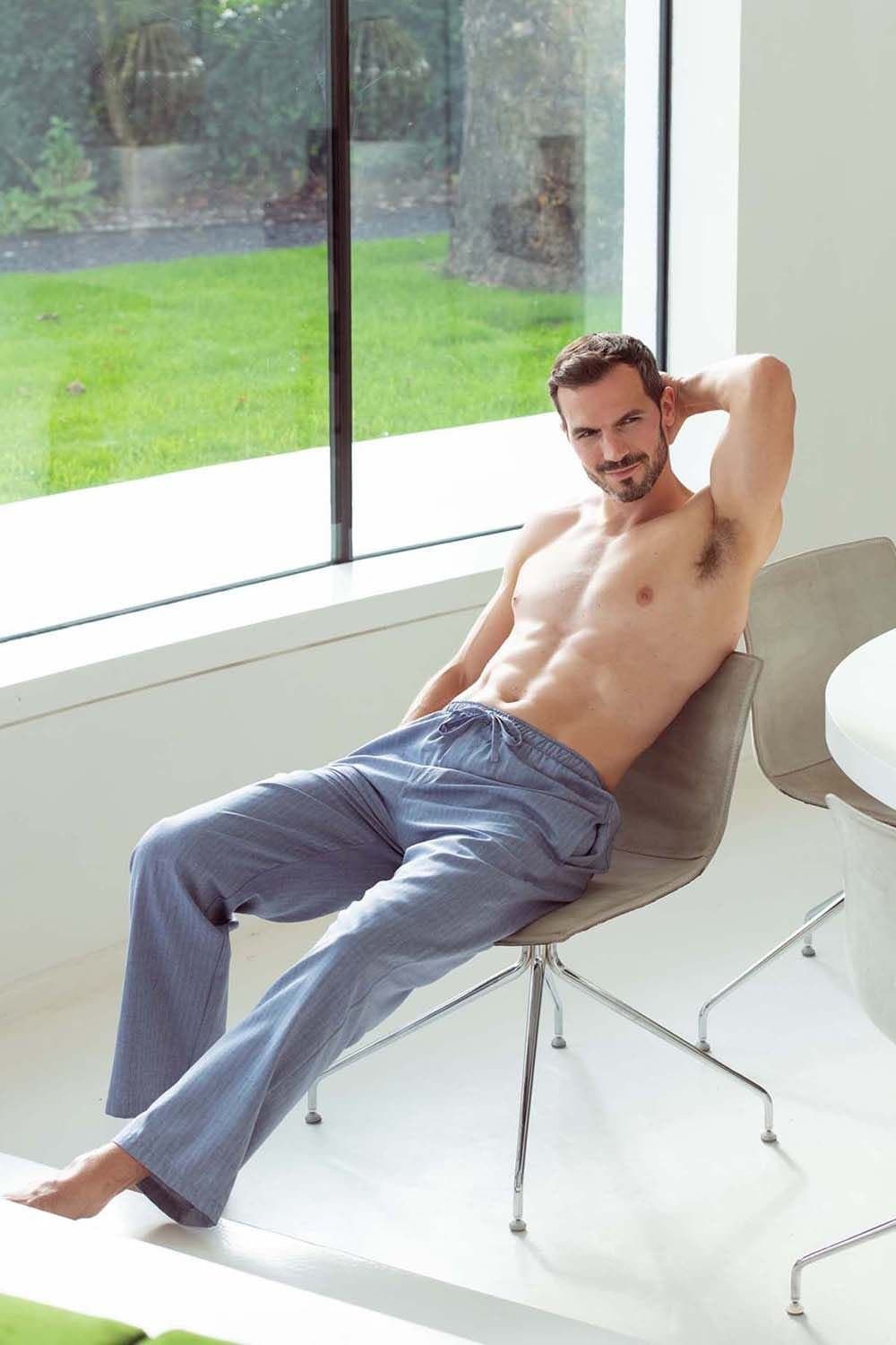 British Boxers British Boxers Men's 'Garrison' Herringbone Cotton Twill Pyjama Trousers in Mid Blue