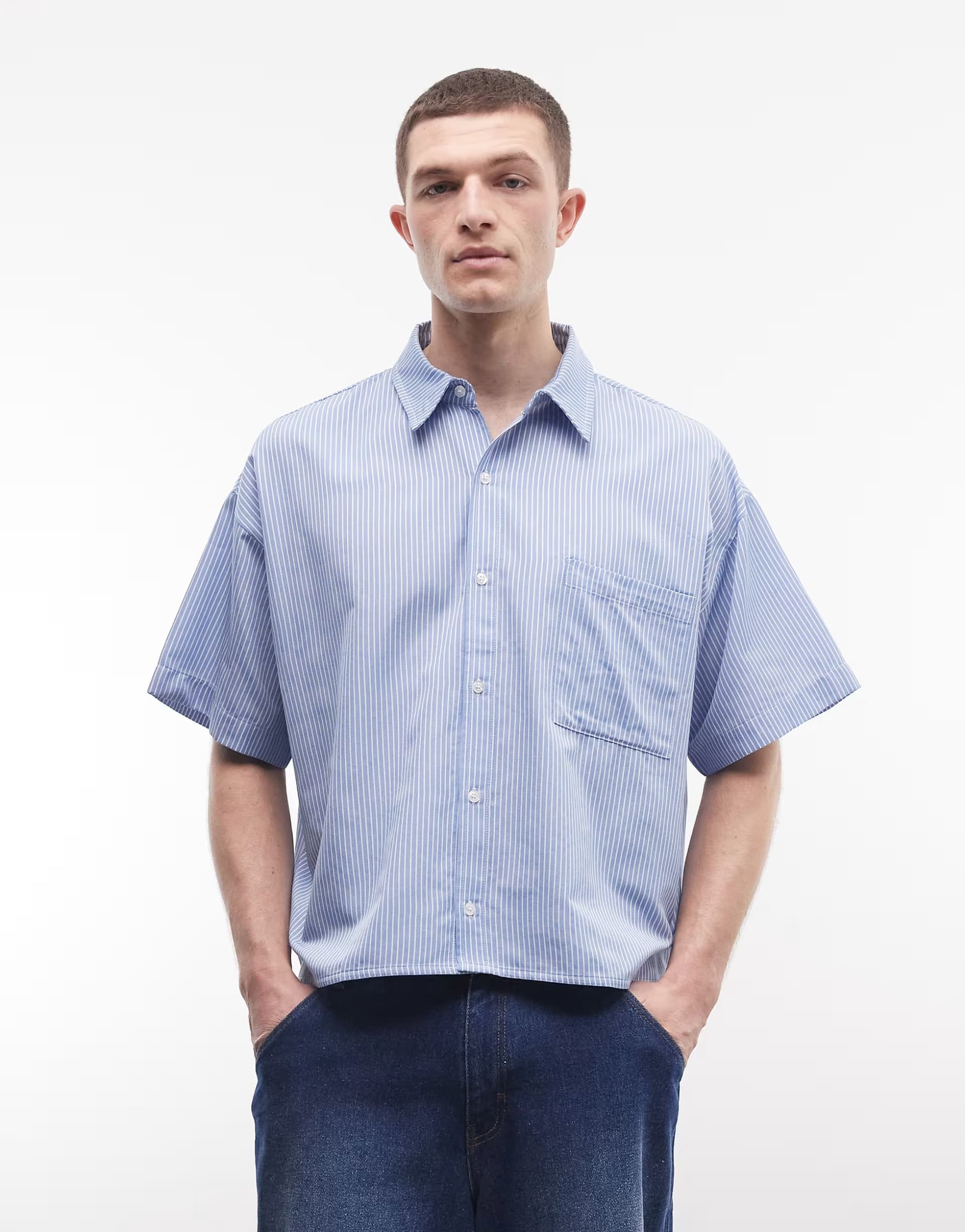 ASOS Reclaimed Vintage short sleeve boxy shirt in blue pinstripe