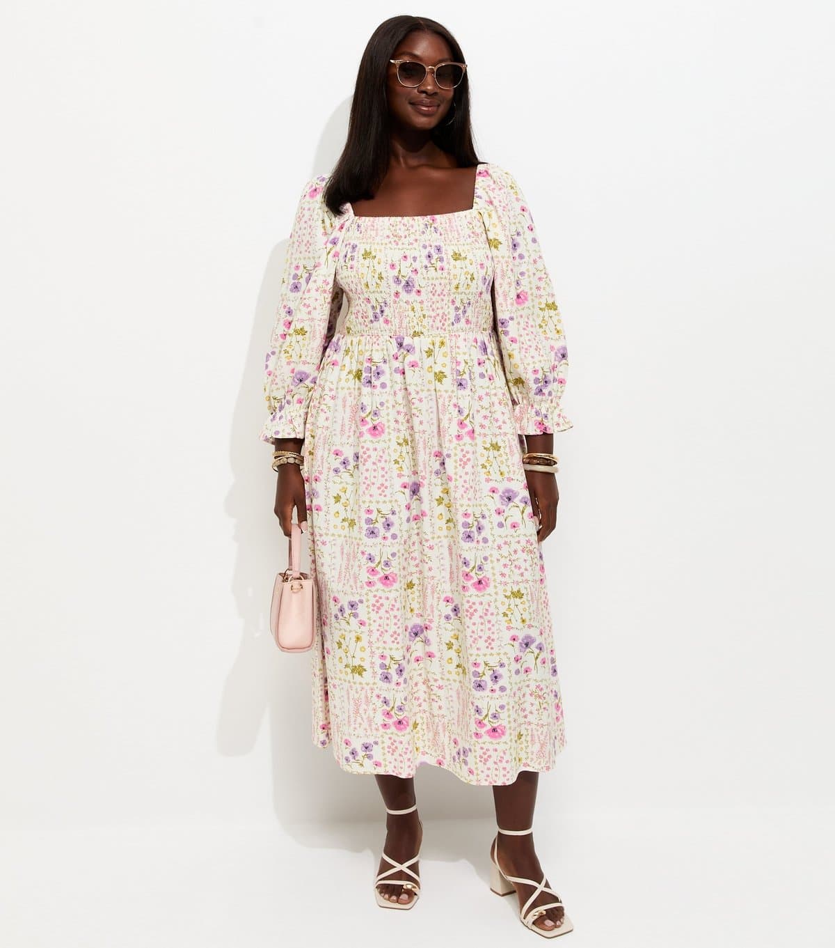 New Look Women's Plus Size Cream Floral Print Cropped Sleeve Shirred Midi Dress Curves New Look