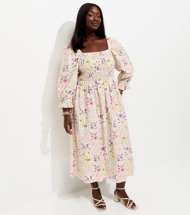 New Look Women's Plus Size Cream Floral Print Cropped Sleeve Shirred Midi Dress Curves New Look - 3